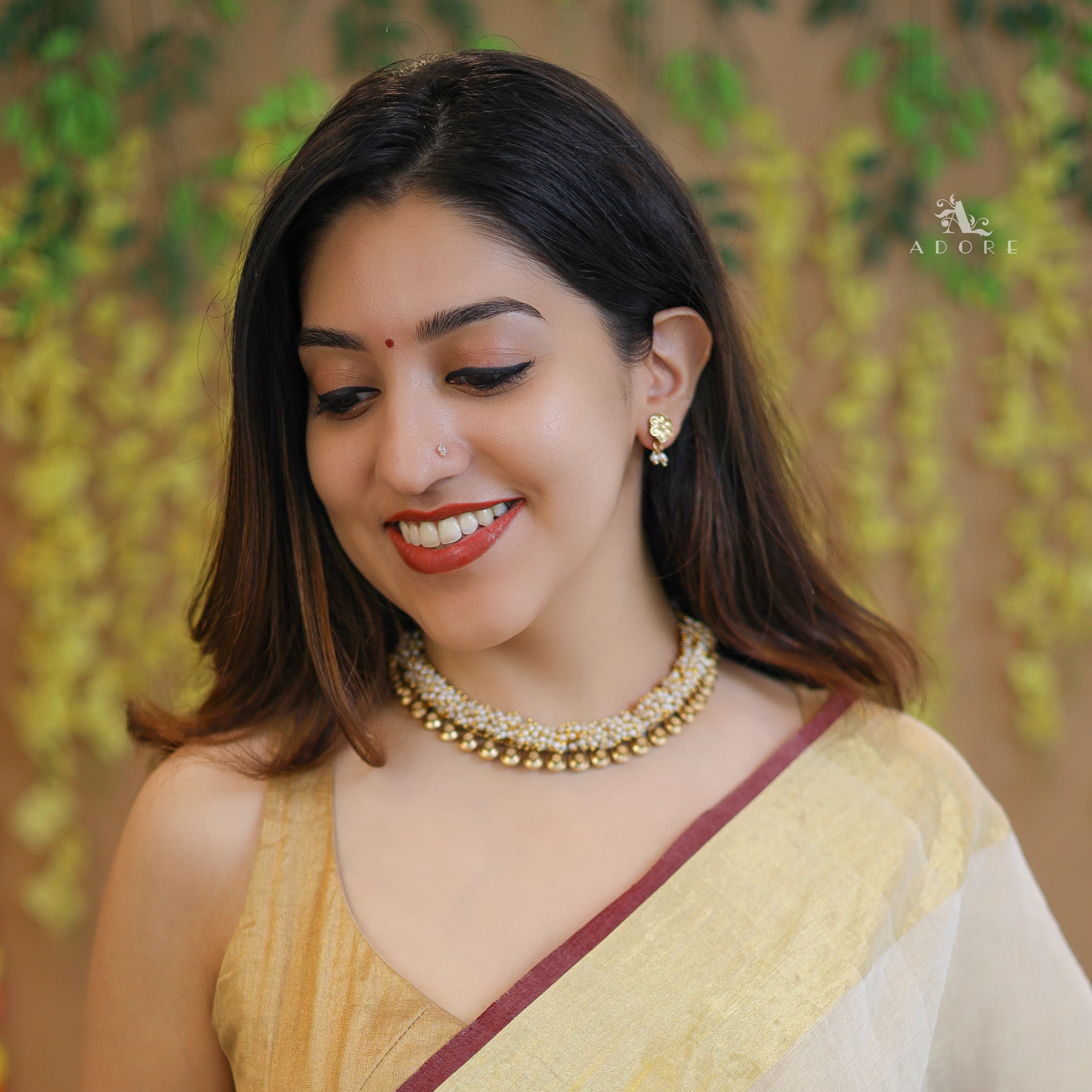 Agnikaa Cluster Pearl And Golden Ball Short Neckpiece With Earring - Image 3