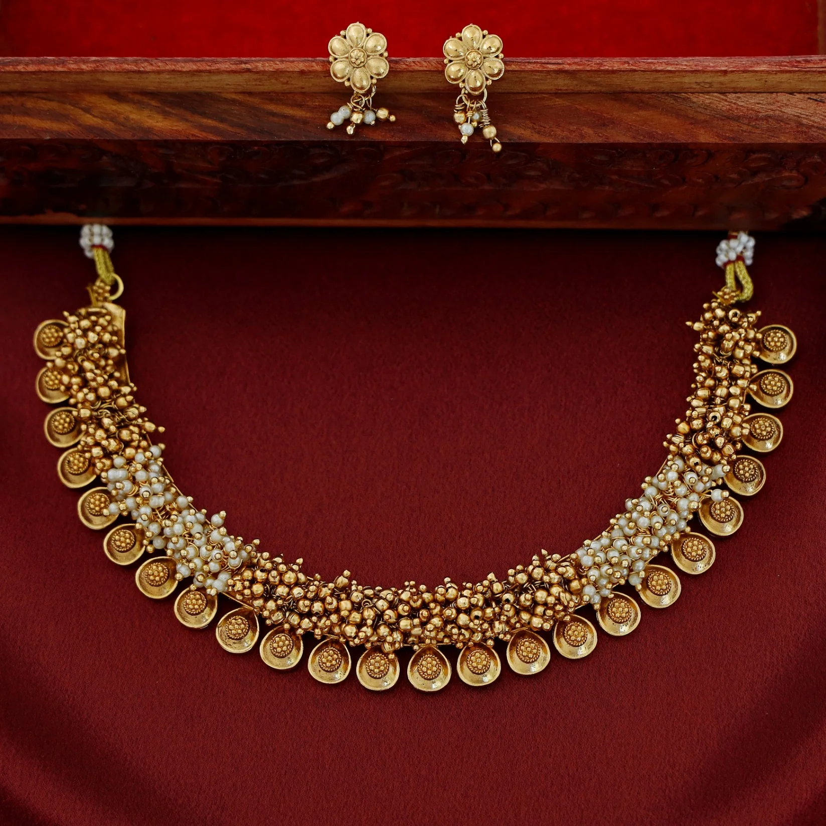 Agnikaa Cluster Pearl And Golden Ball Short Neckpiece With Earring - Image 4