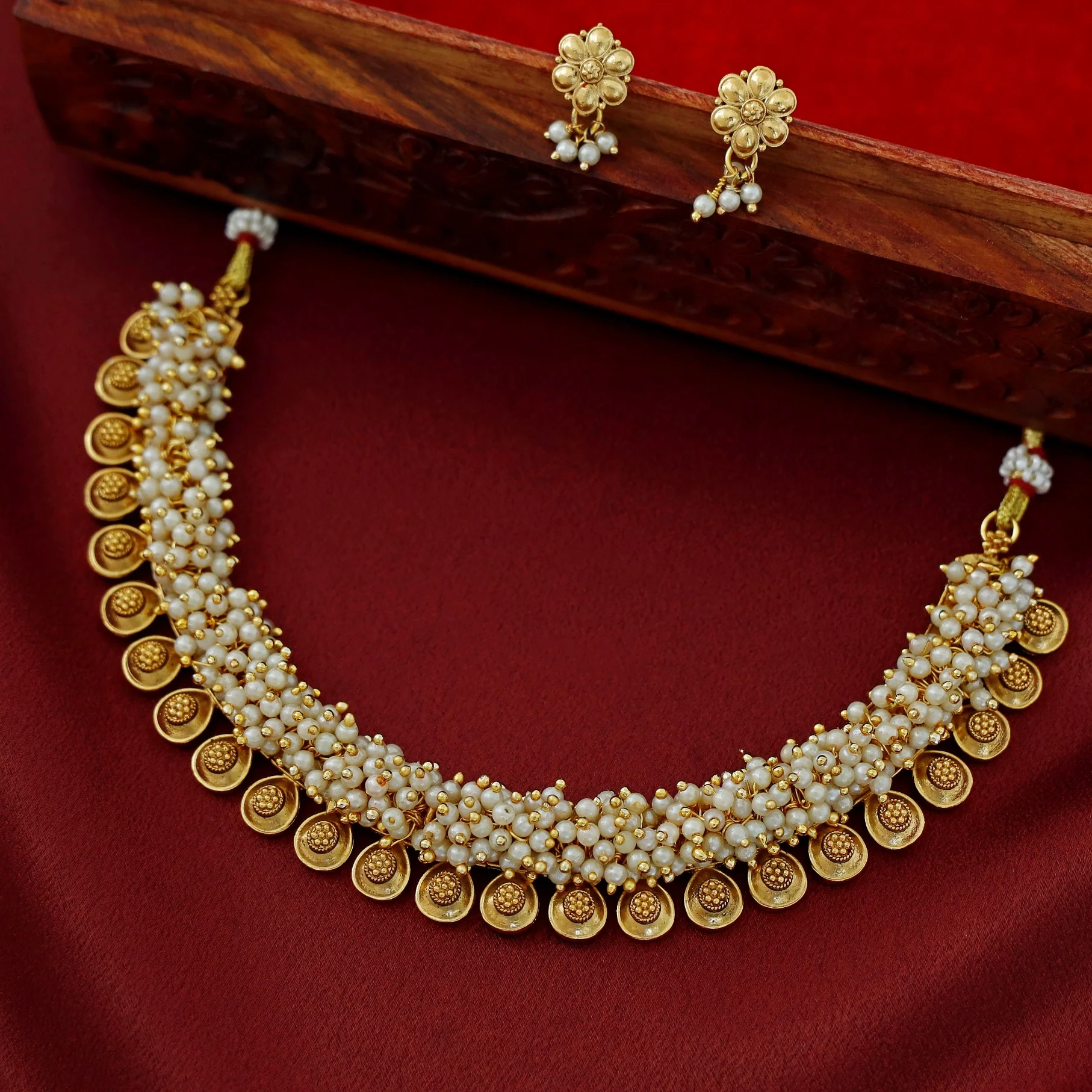 Agnikaa Cluster Pearl And Golden Ball Short Neckpiece With Earring - Image 6