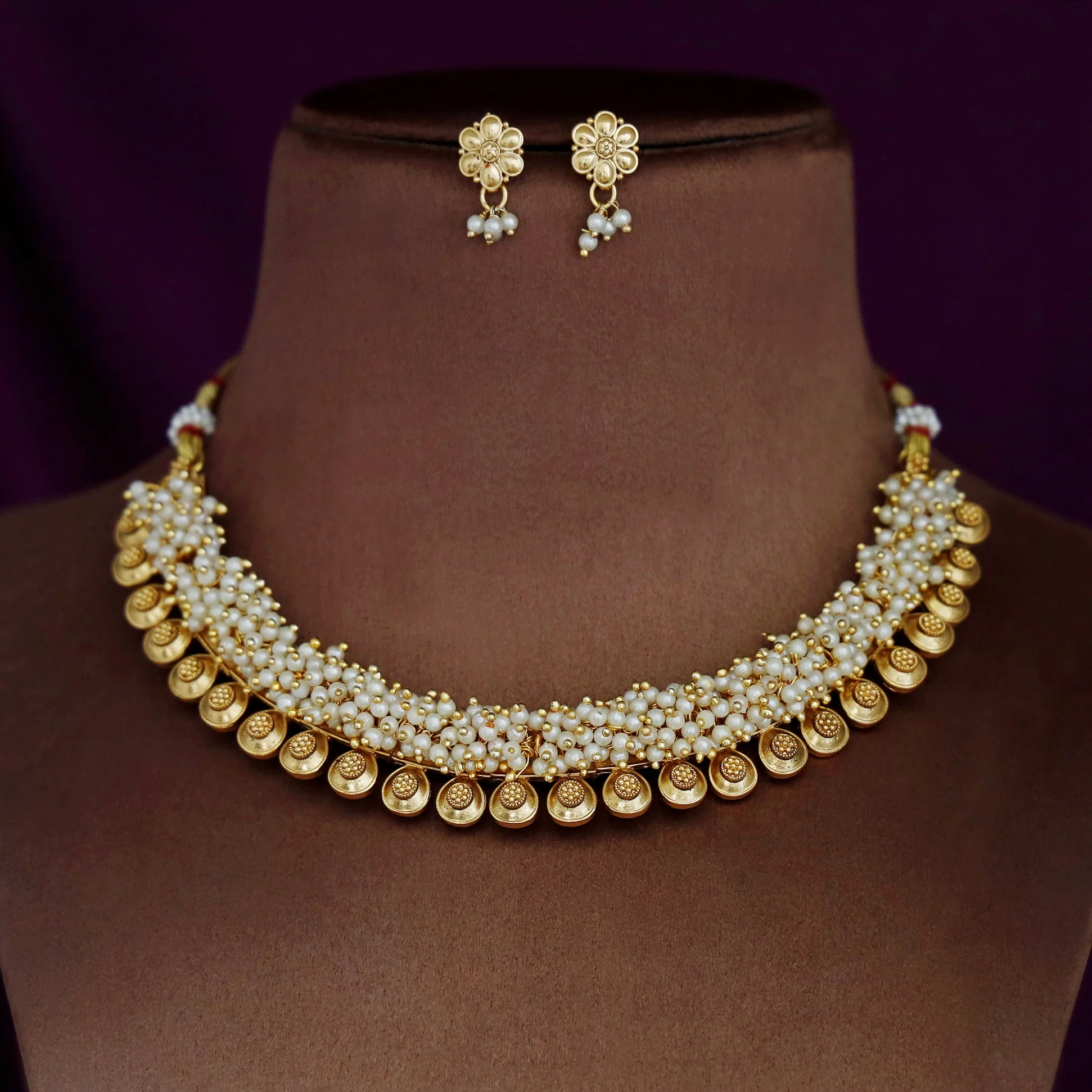 Agnikaa Cluster Pearl And Golden Ball Short Neckpiece With Earring - Image 8