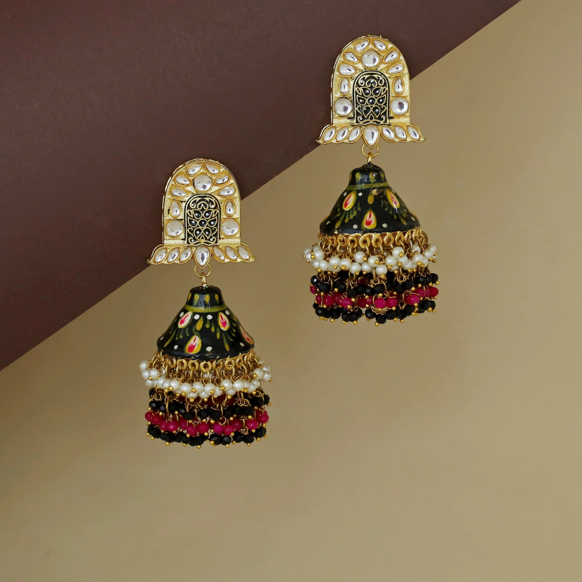 Ahmeeza Kundan Cluster Beaded Pearl Meenakari Jhumka - Image 2