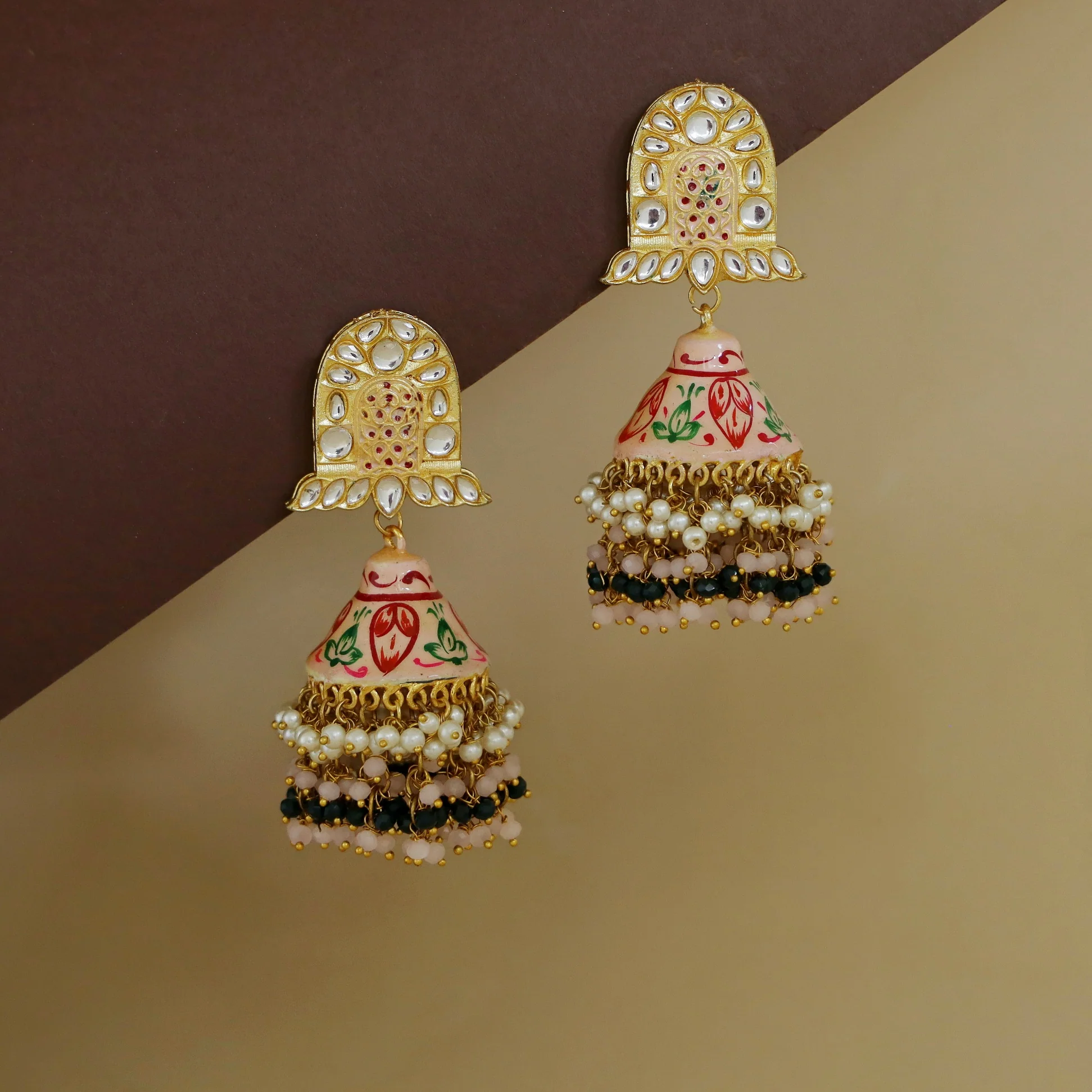 Ahmeeza Kundan Cluster Beaded Pearl Meenakari Jhumka - Image 3