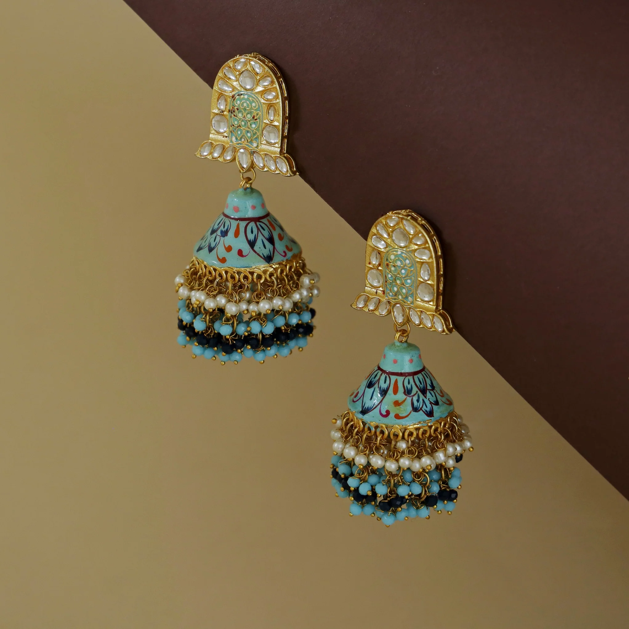 Ahmeeza Kundan Cluster Beaded Pearl Meenakari Jhumka - Image 4