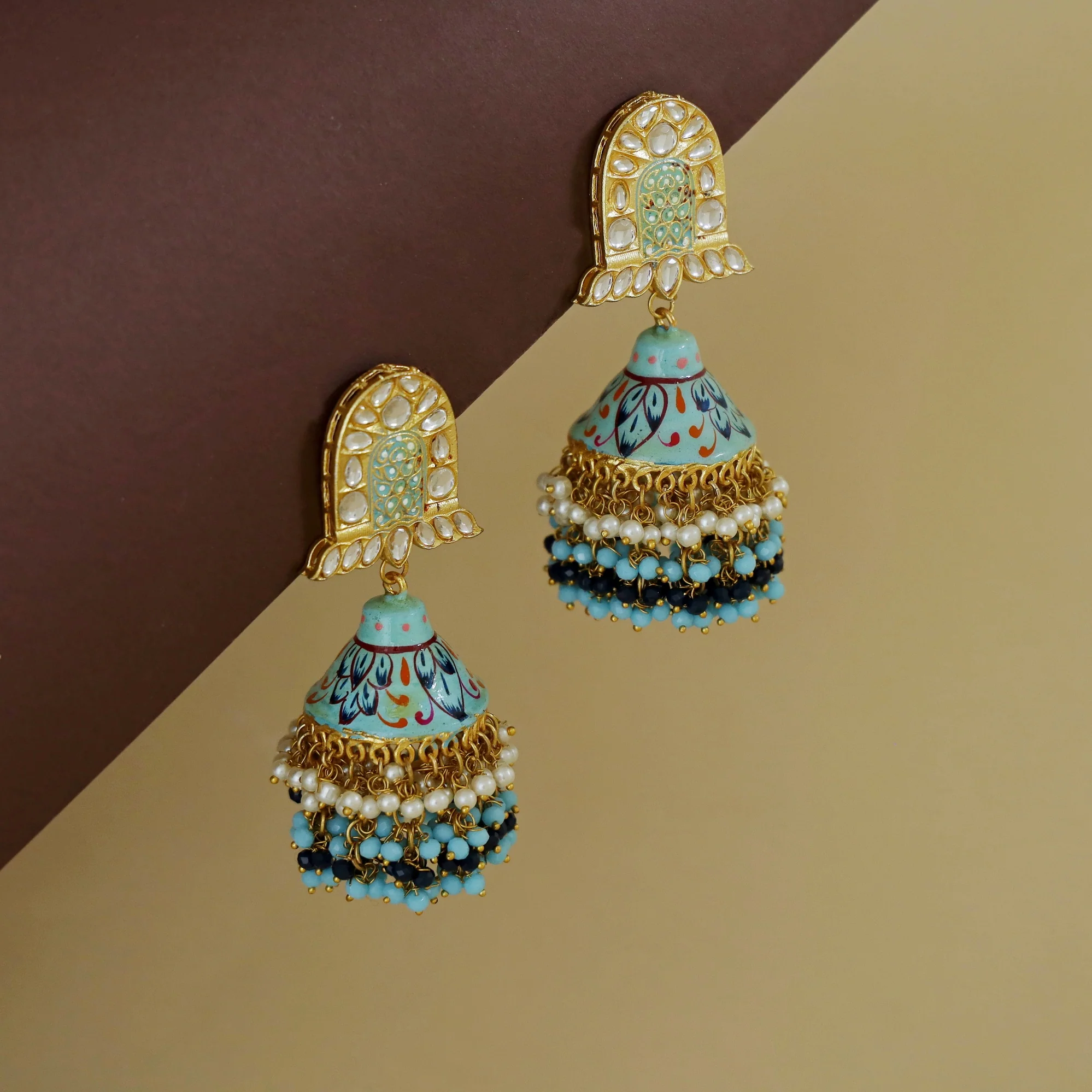 Ahmeeza Kundan Cluster Beaded Pearl Meenakari Jhumka - Image 5