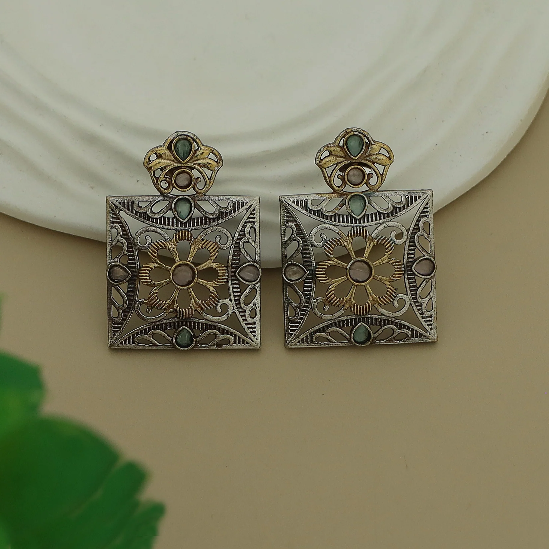 Ailana Dual Tone Square Floral Earring - Image 11