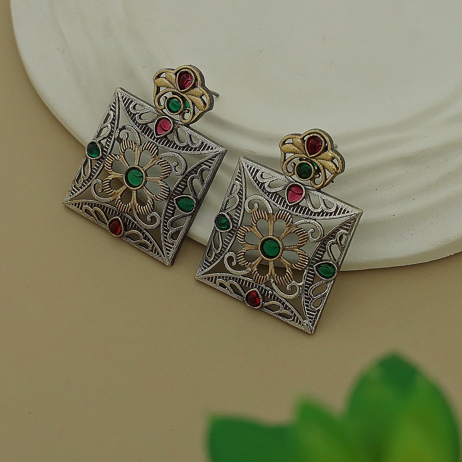 Ailana Dual Tone Square Floral Earring - Image 14