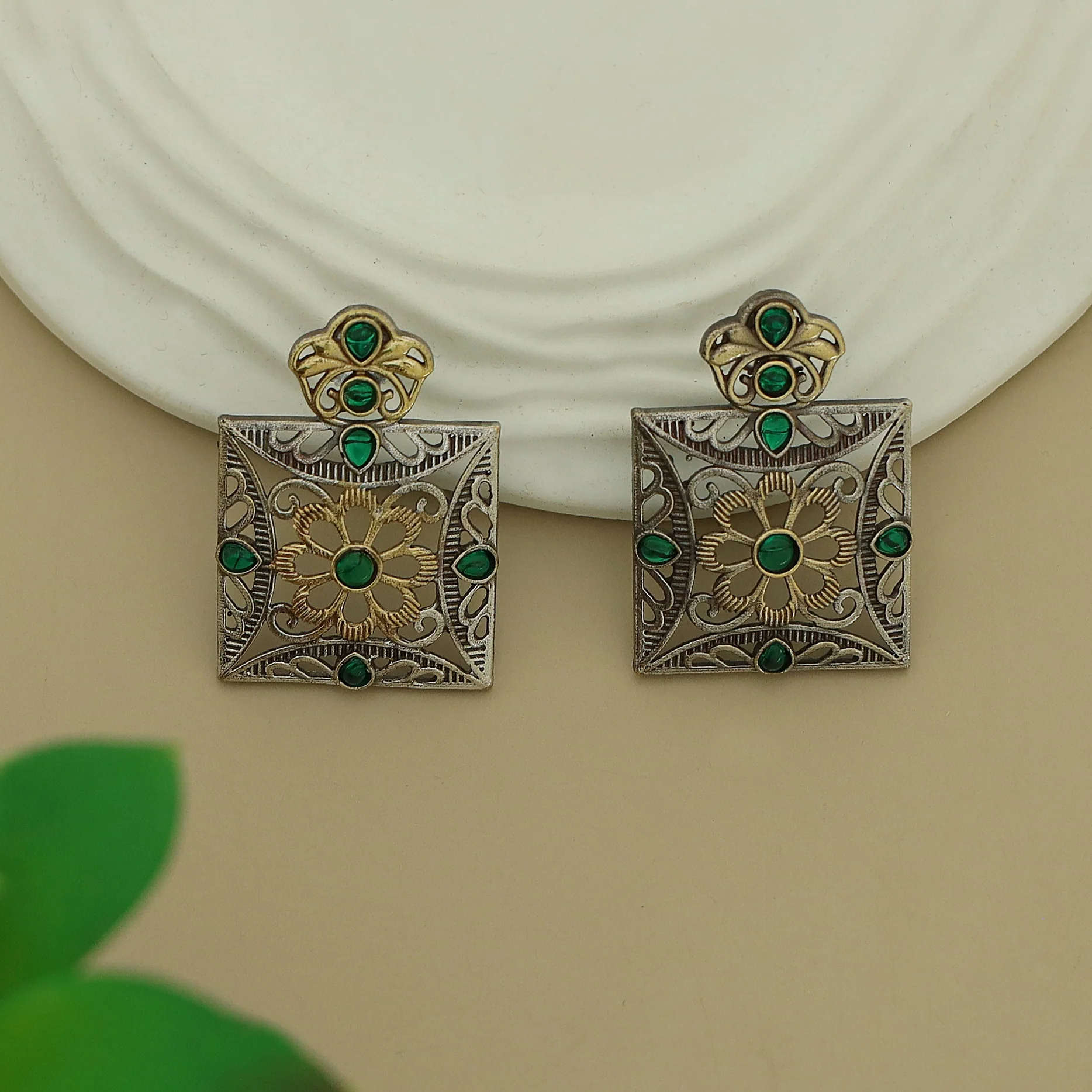 Ailana Dual Tone Square Floral Earring - Image 2