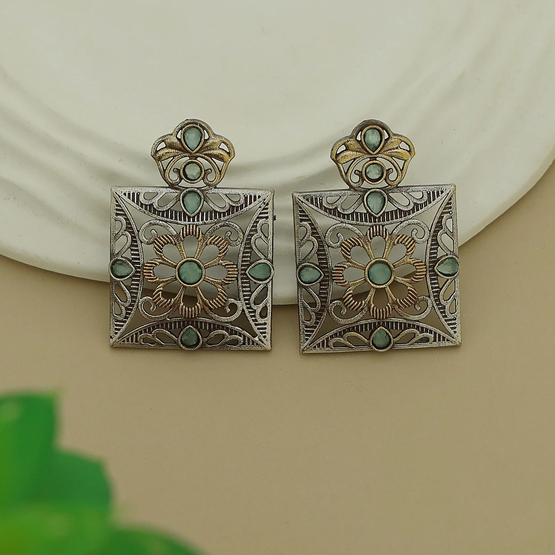 Ailana Dual Tone Square Floral Earring - Image 4