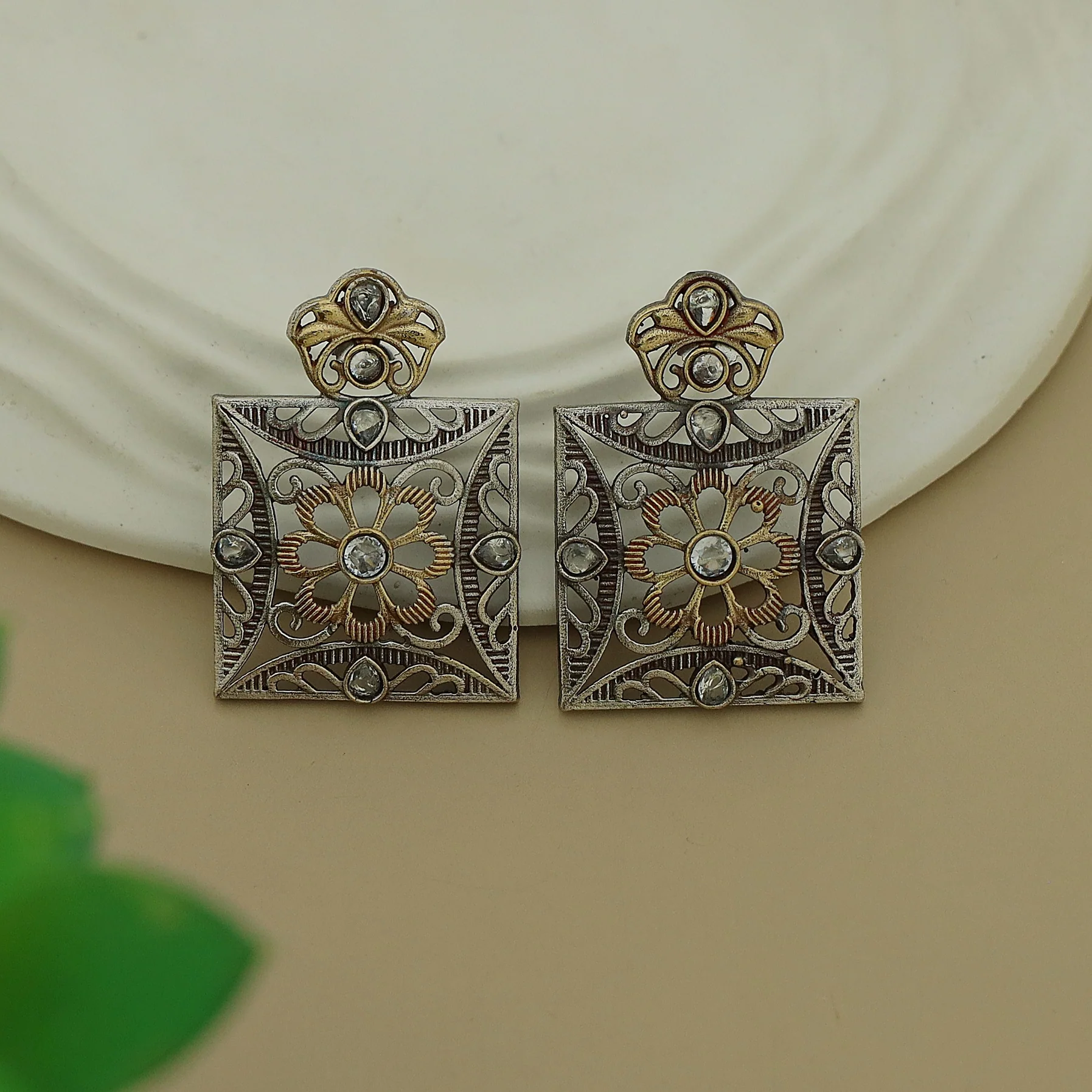 Ailana Dual Tone Square Floral Earring - Image 5
