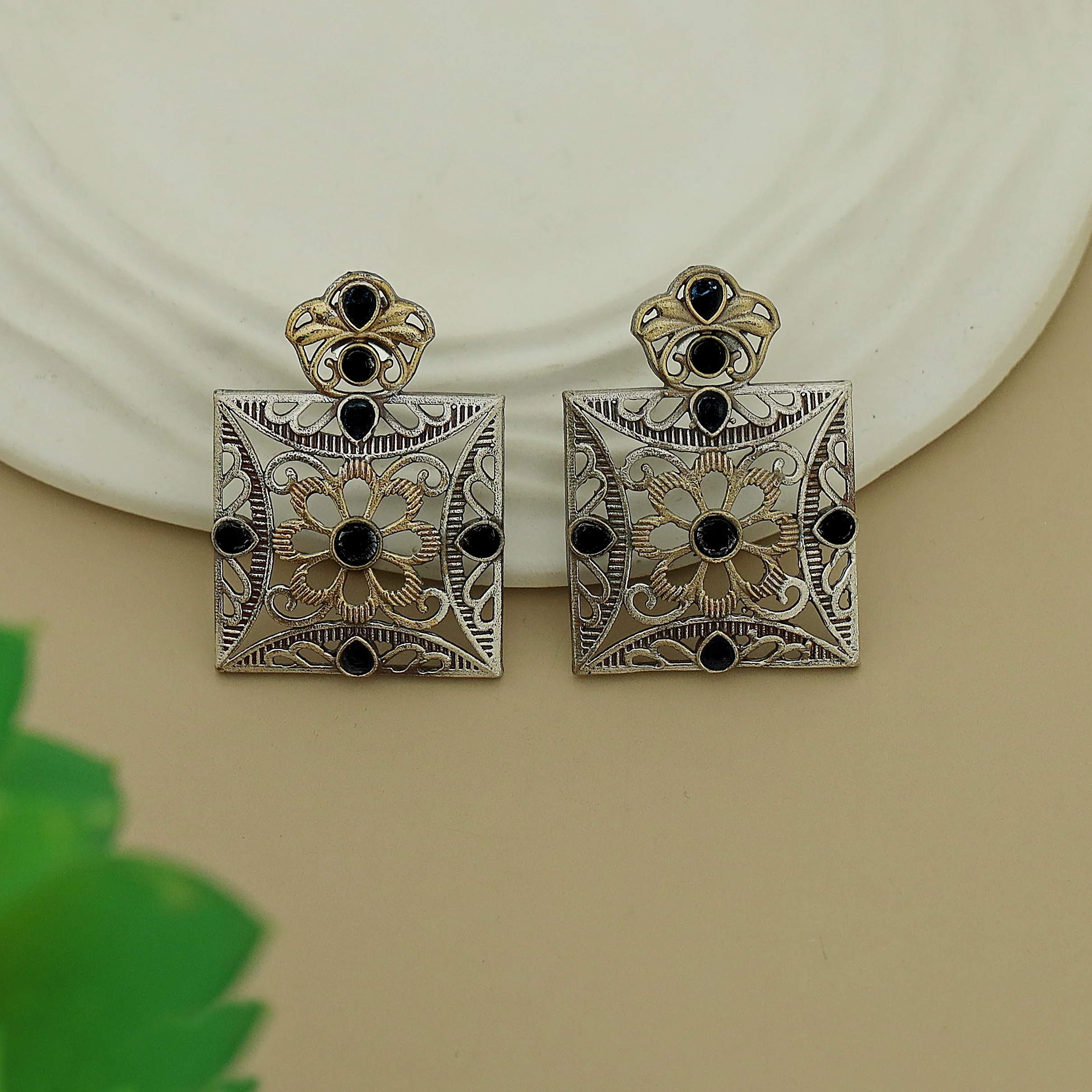Ailana Dual Tone Square Floral Earring - Image 6