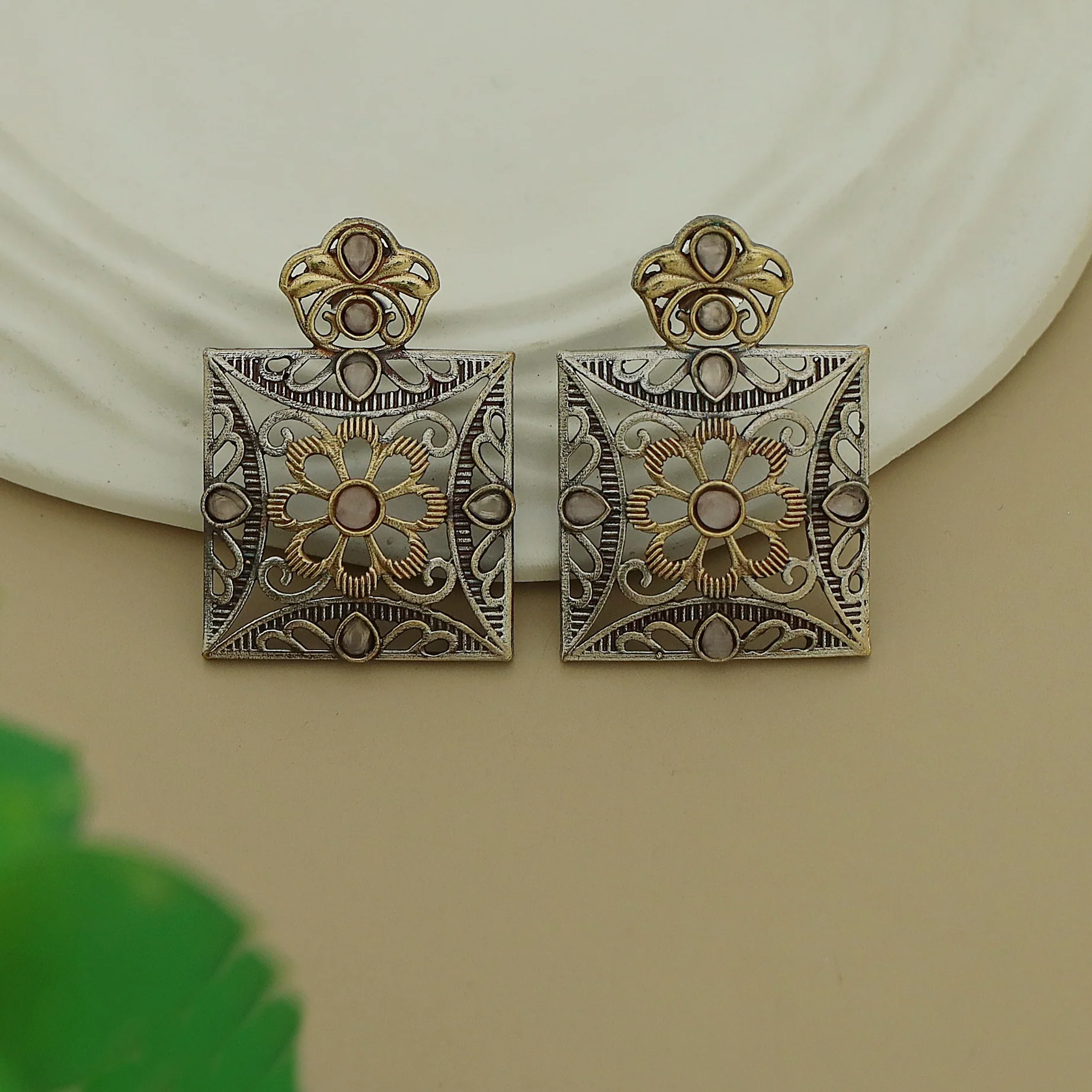 Ailana Dual Tone Square Floral Earring - Image 7