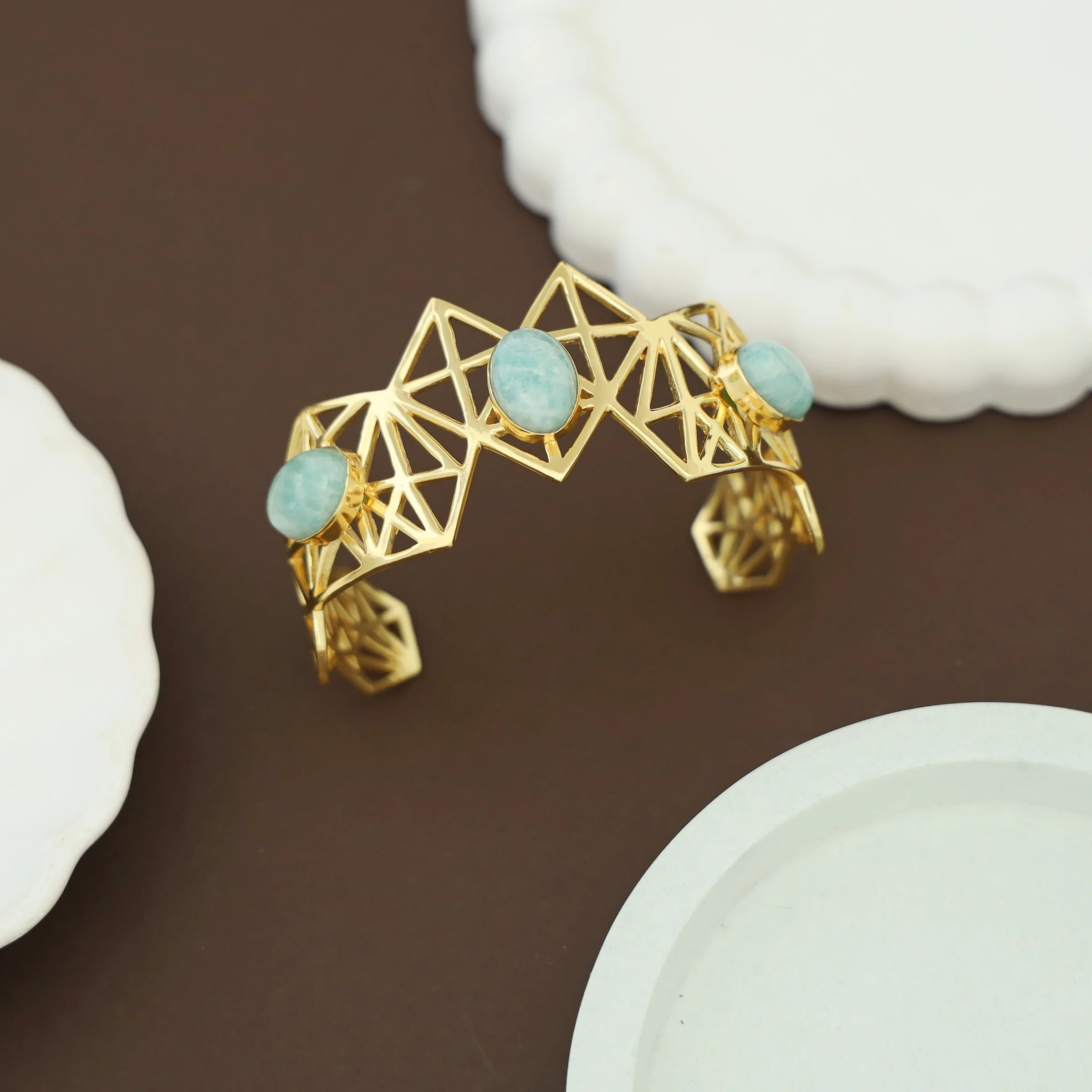 Aileen Geometrical Handmade Natural Oval Stone Bangle - Image 2
