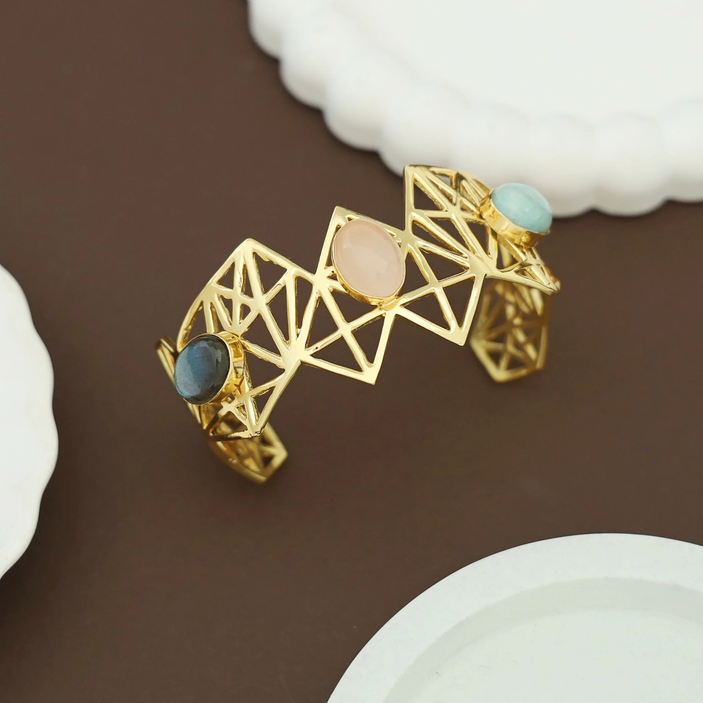 Aileen Geometrical Handmade Natural Oval Stone Bangle - Image 6