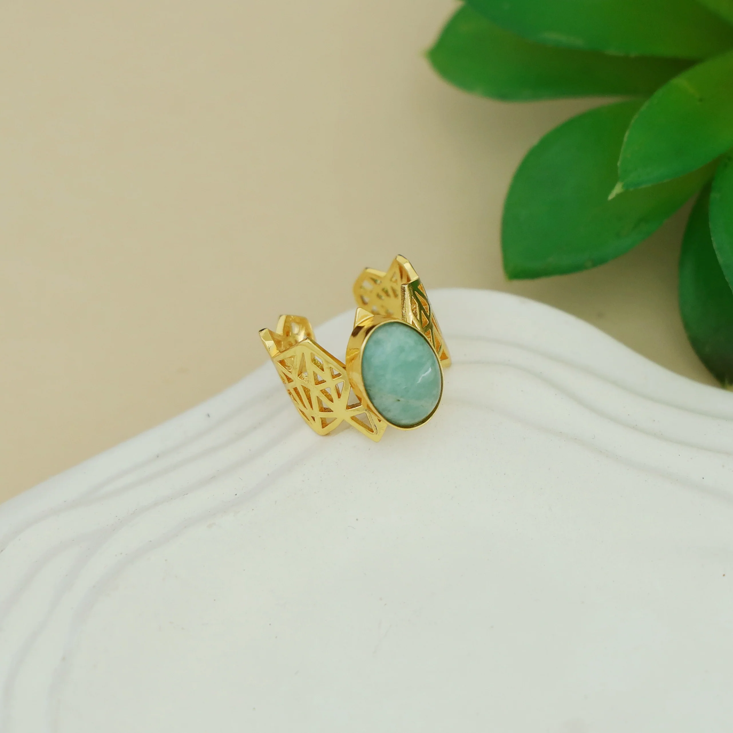 Aileen Golden Geometrical Oval Glossy + Natural Stone Ring - Image 2