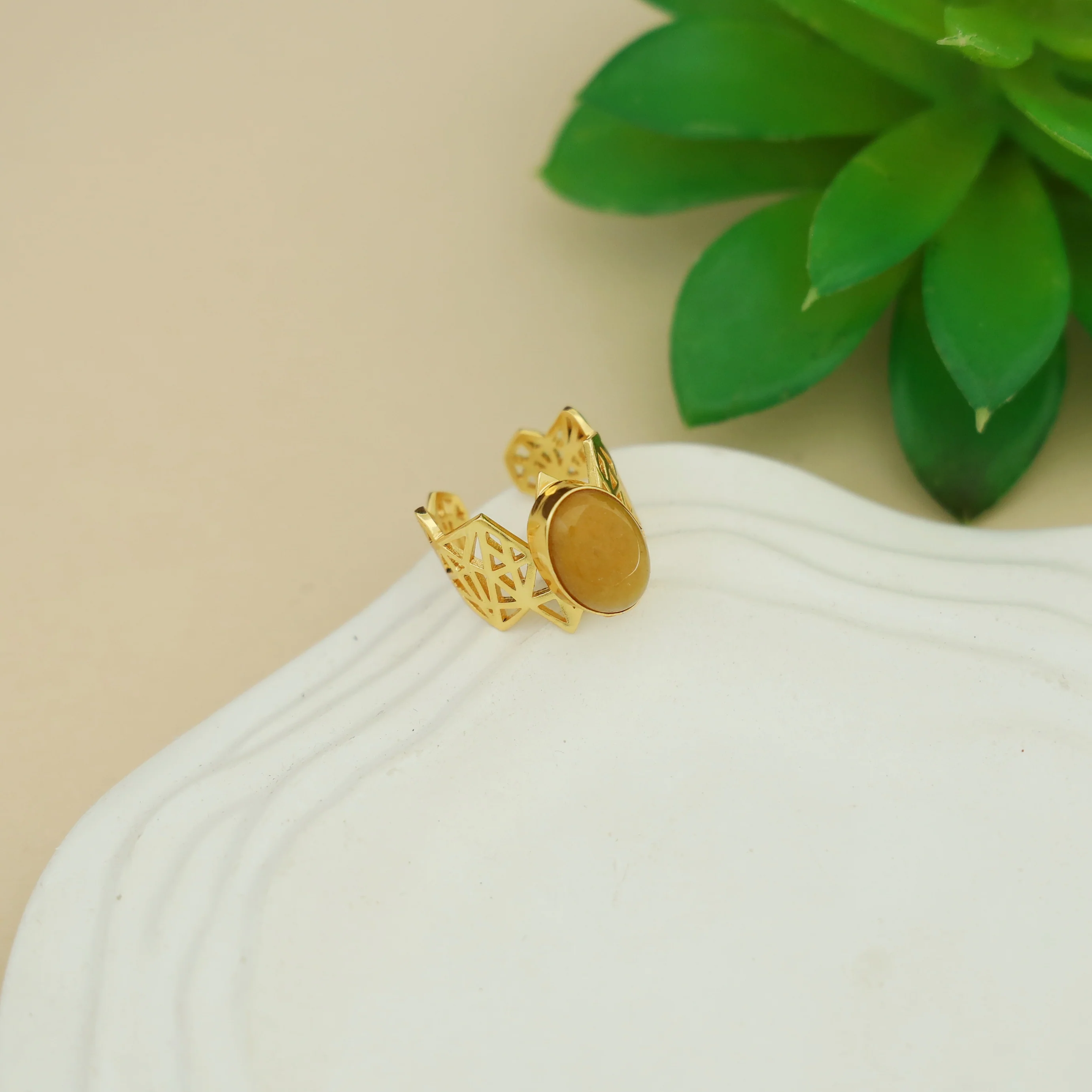 Aileen Golden Geometrical Oval Glossy + Natural Stone Ring - Image 4