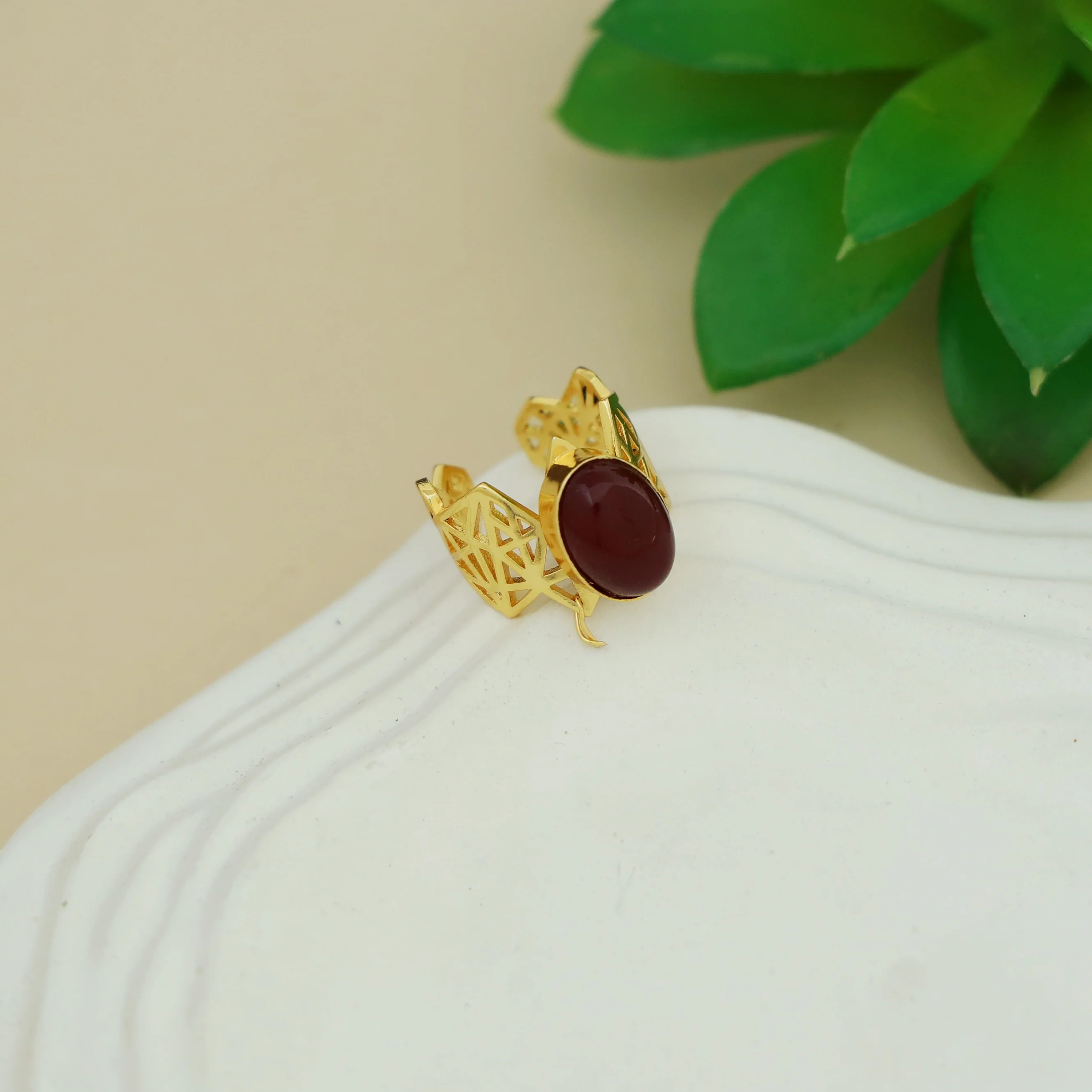 Aileen Golden Geometrical Oval Glossy + Natural Stone Ring - Image 5