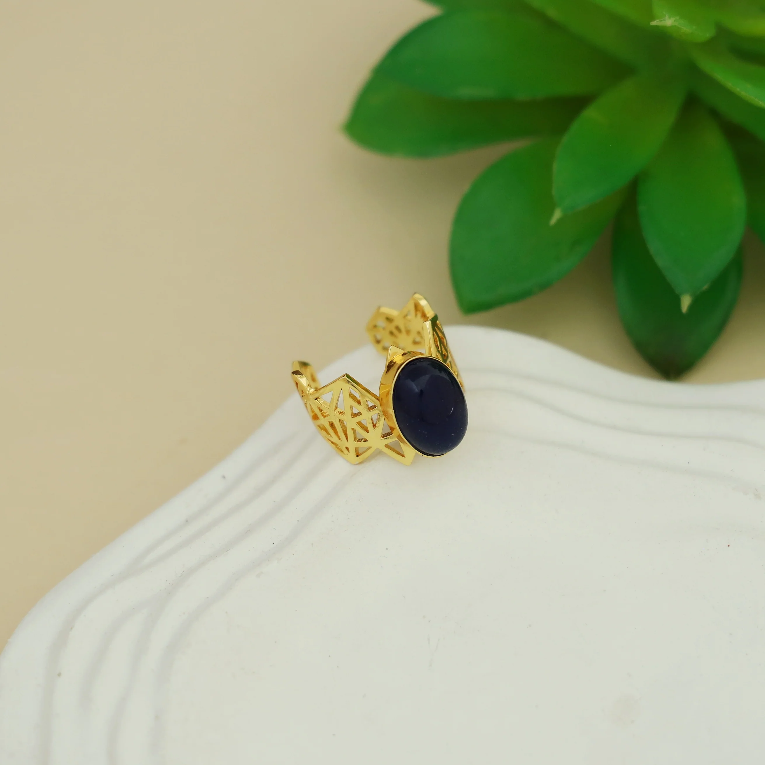 Aileen Golden Geometrical Oval Glossy + Natural Stone Ring - Image 6