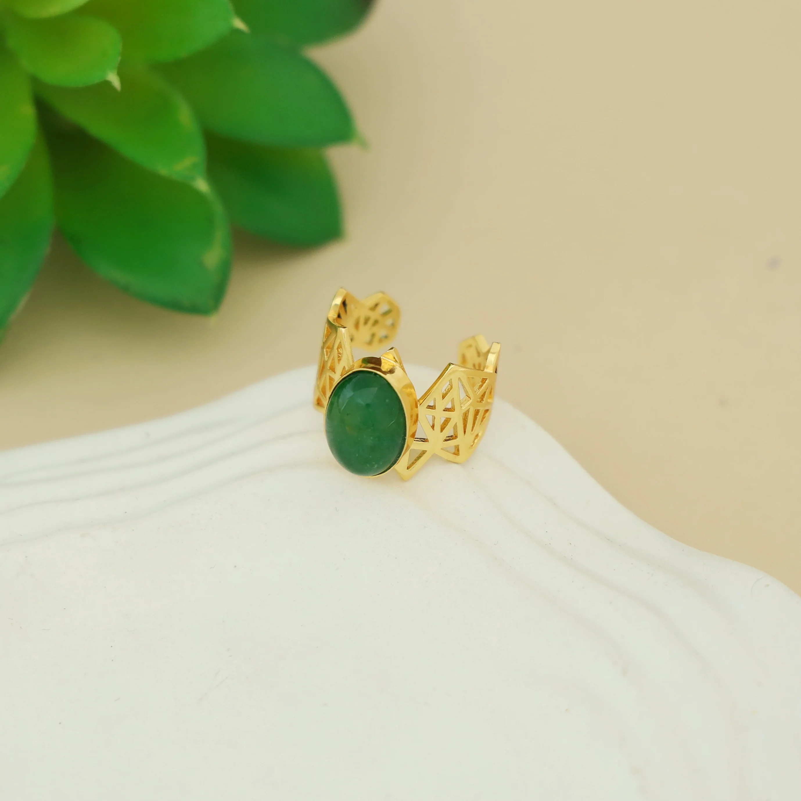 Aileen Golden Geometrical Oval Glossy + Natural Stone Ring - Image 7