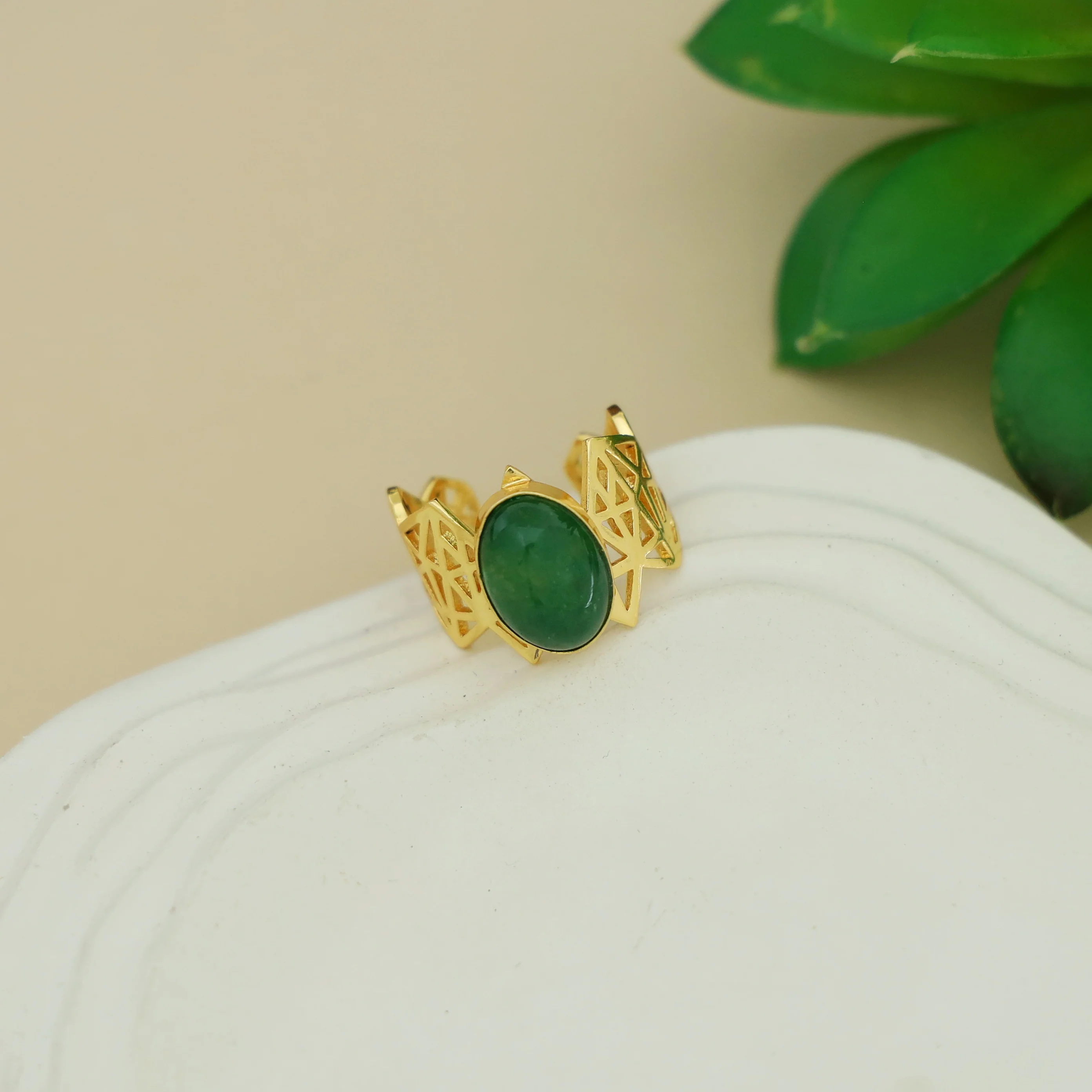 Aileen Golden Geometrical Oval Glossy + Natural Stone Ring - Image 8