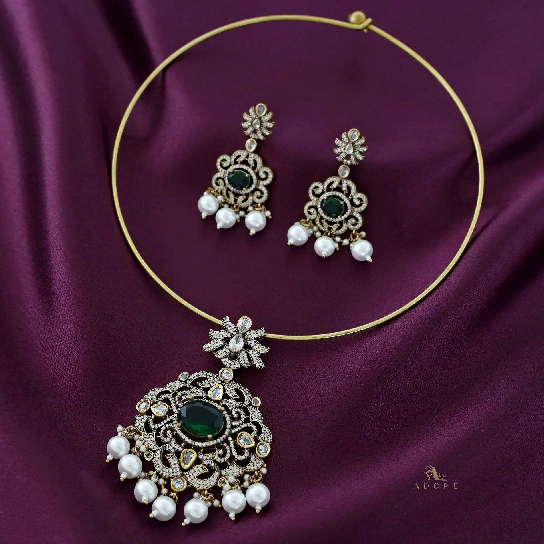 Ailsa Glossy Stone Pearl Neck Cuff With Earring - Image 3