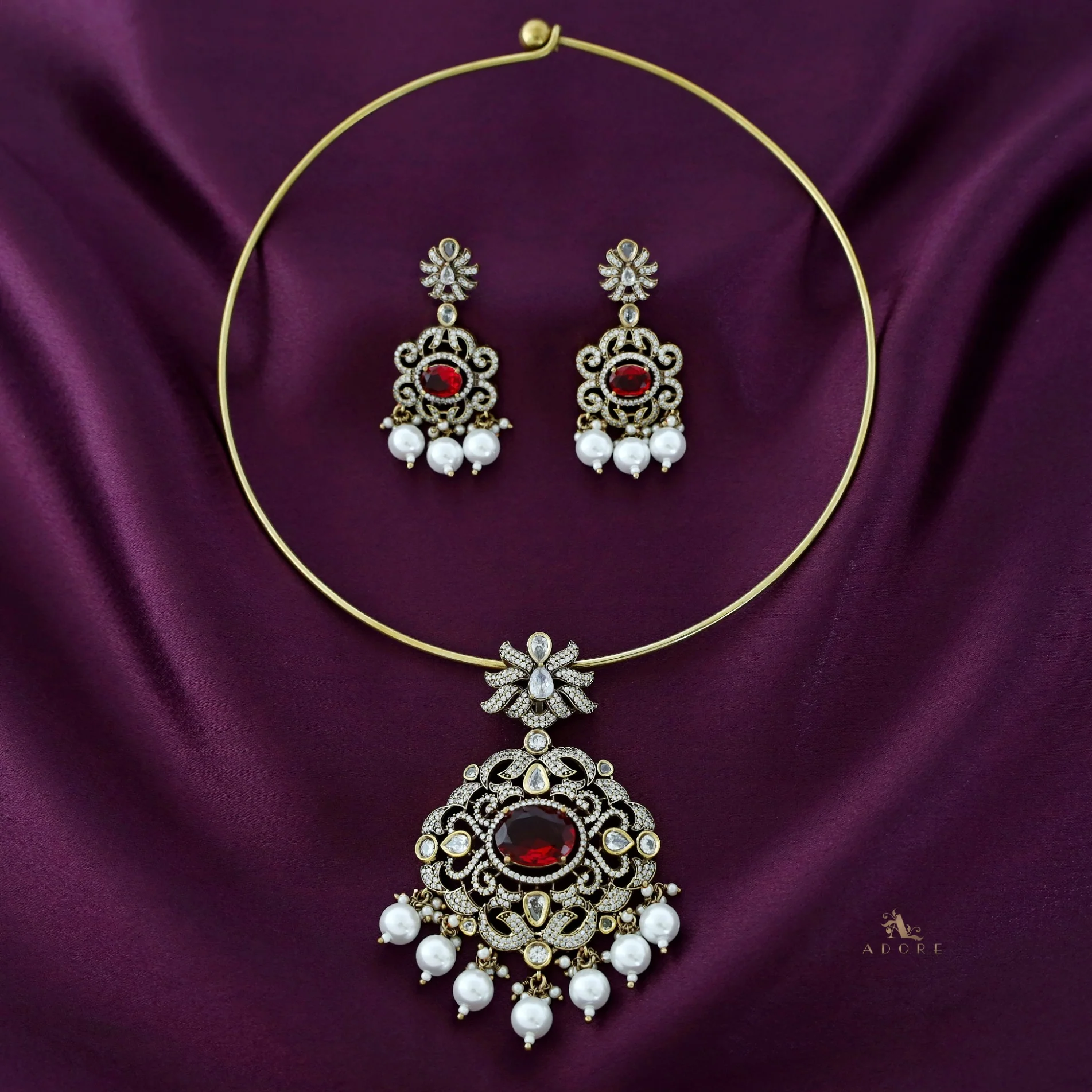 Ailsa Glossy Stone Pearl Neck Cuff With Earring - Image 5