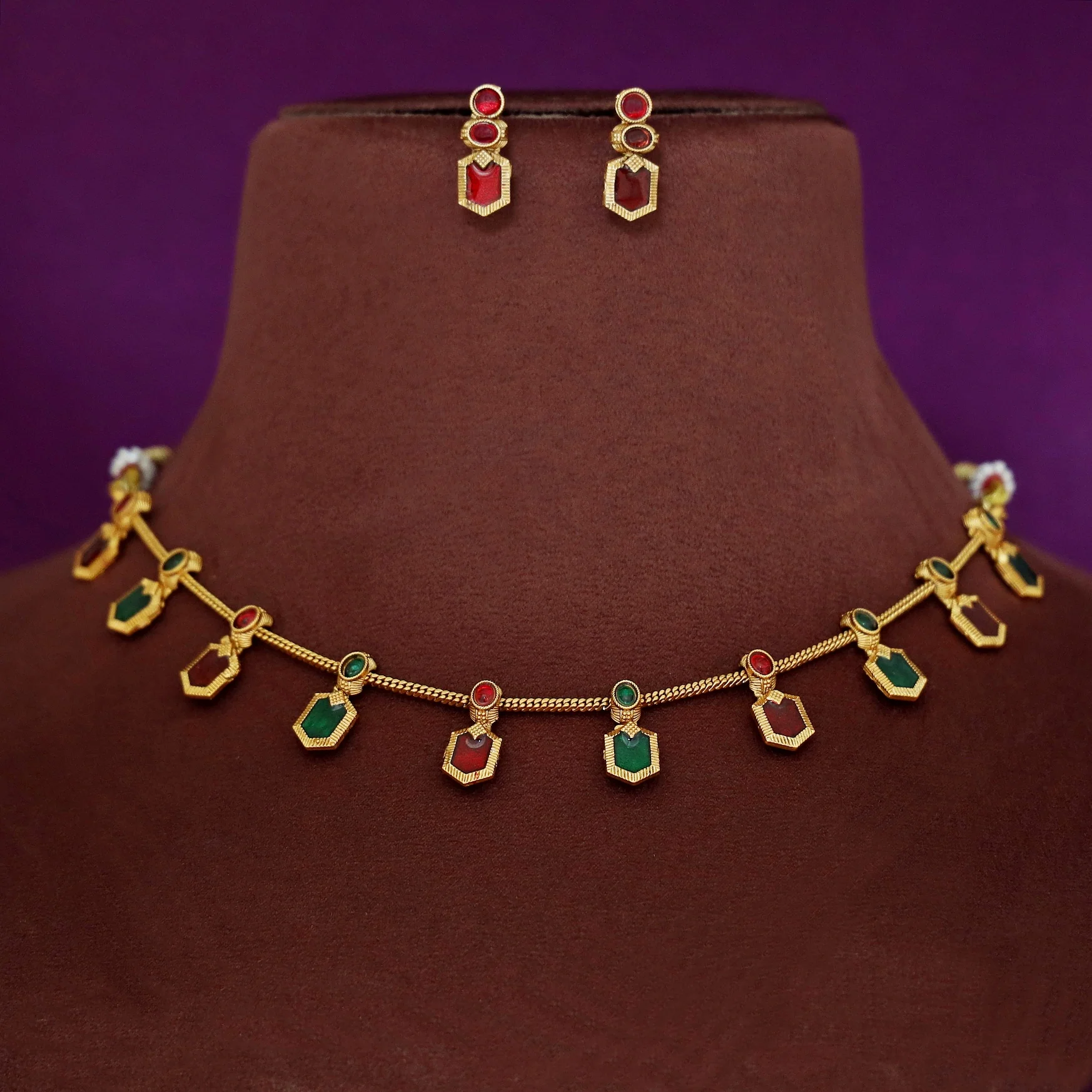 Alaka Golden Enamel Short Neckpiece With Earring - Image 2
