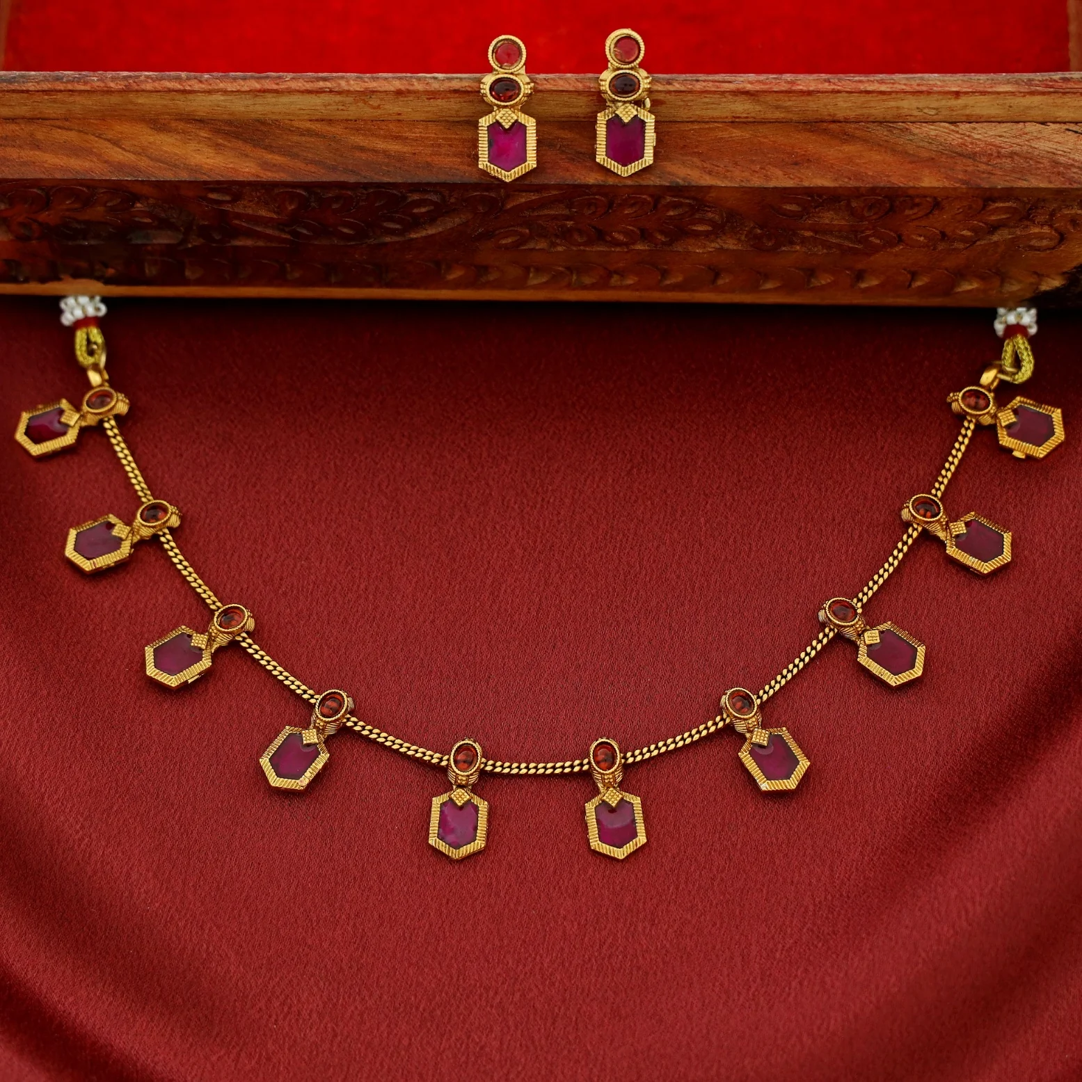 Alaka Golden Enamel Short Neckpiece With Earring - Image 5