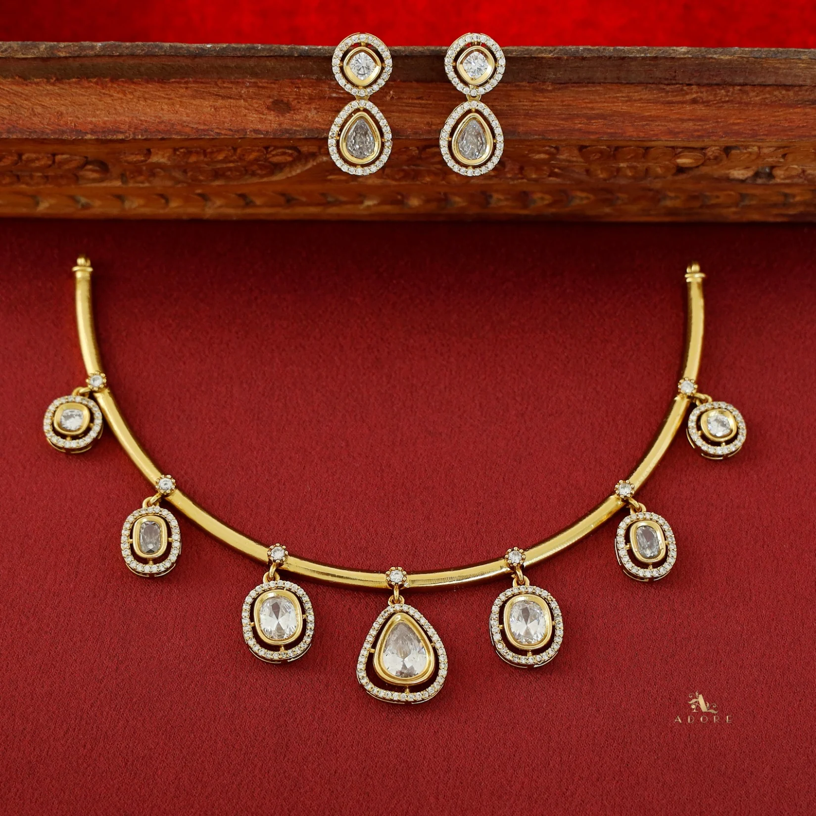 Alakananda Polki Kundan Stiff Short Neckpiece With Earring - Image 7
