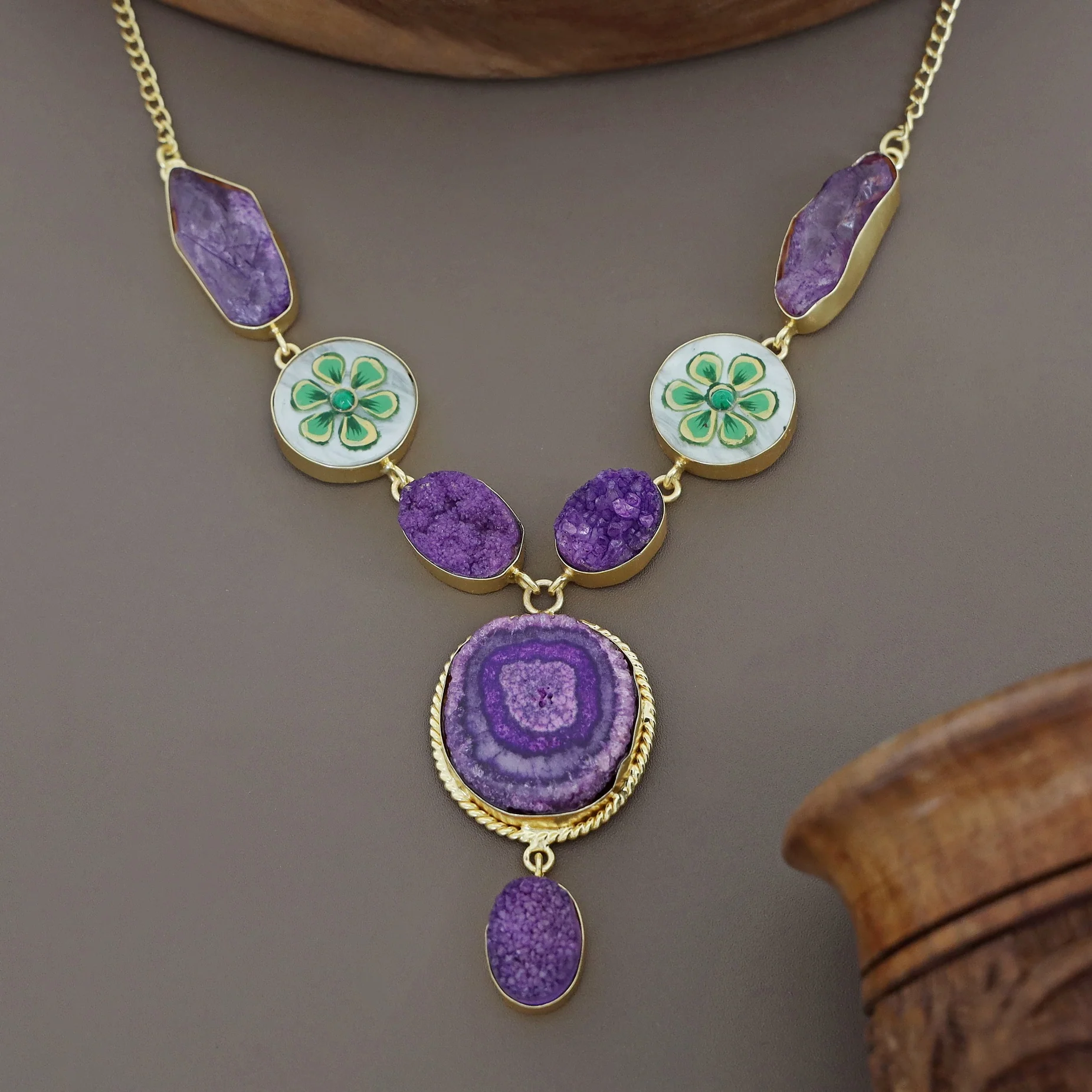 Alara Hand Painted Agate + Druzy + Dyed Stone Neckpiece - Image 2