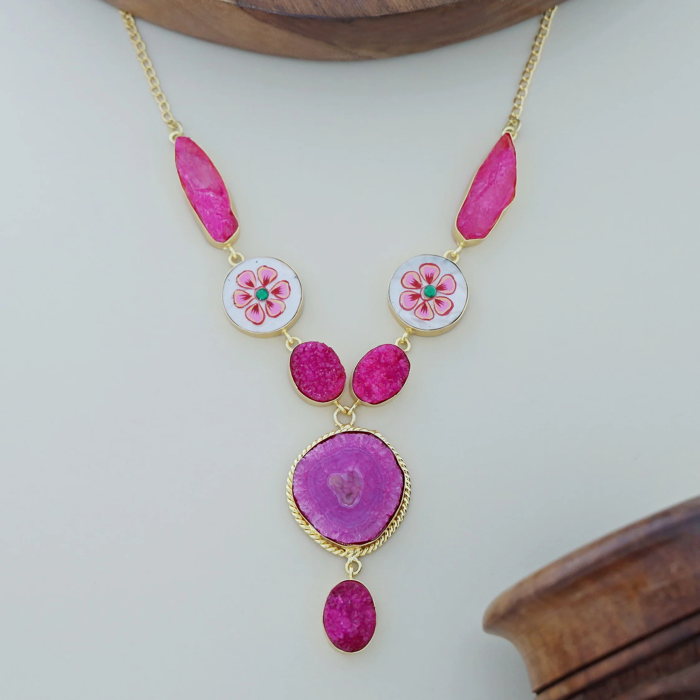 Alara Hand Painted Agate + Druzy + Dyed Stone Neckpiece - Image 3