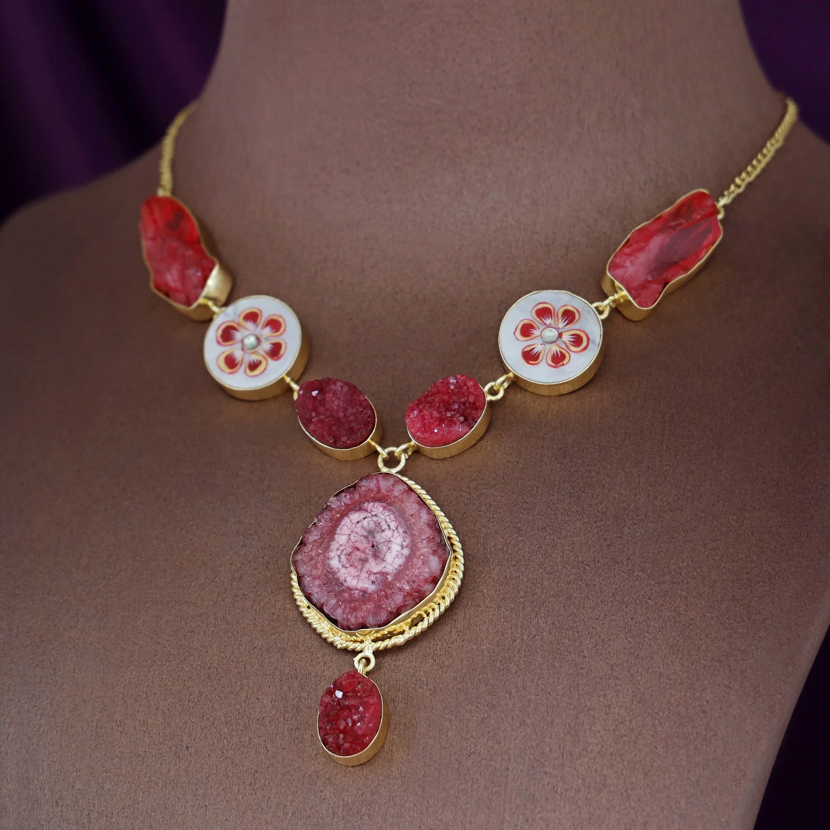 Alara Hand Painted Agate + Druzy + Dyed Stone Neckpiece - Image 4