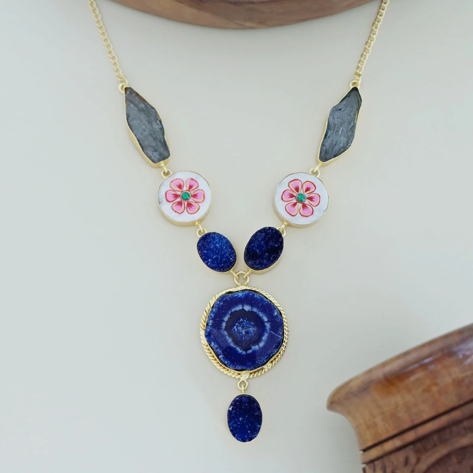 Alara Hand Painted Agate + Druzy + Dyed Stone Neckpiece - Image 5
