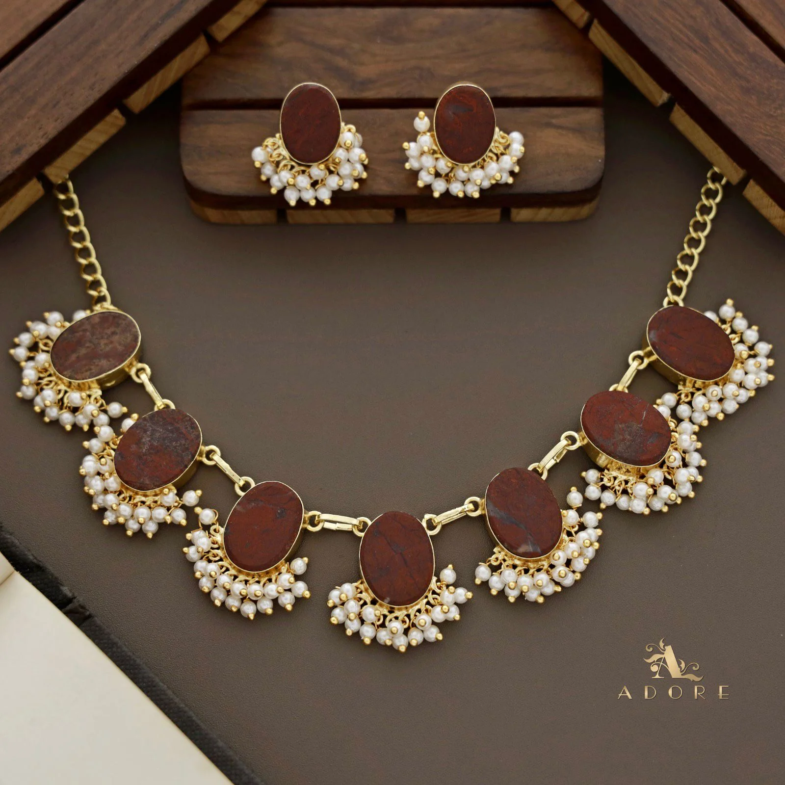 Alessandra Raw Stone Oval Pearl Short Neckpiece With Earring - Image 11