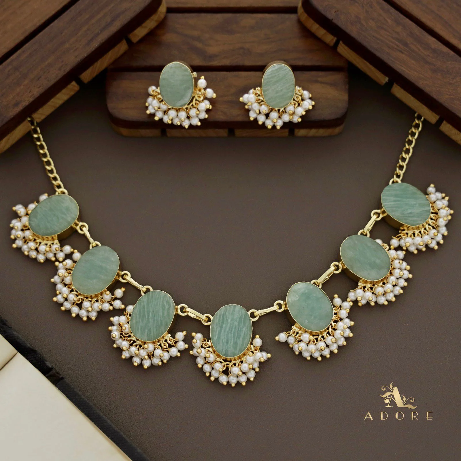 Alessandra Raw Stone Oval Pearl Short Neckpiece With Earring - Image 14