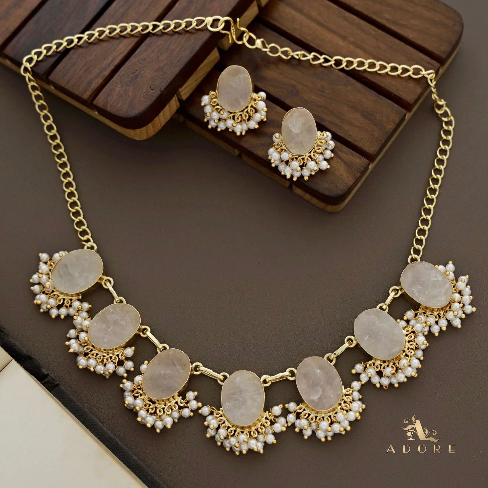 Alessandra Raw Stone Oval Pearl Short Neckpiece With Earring - Image 16