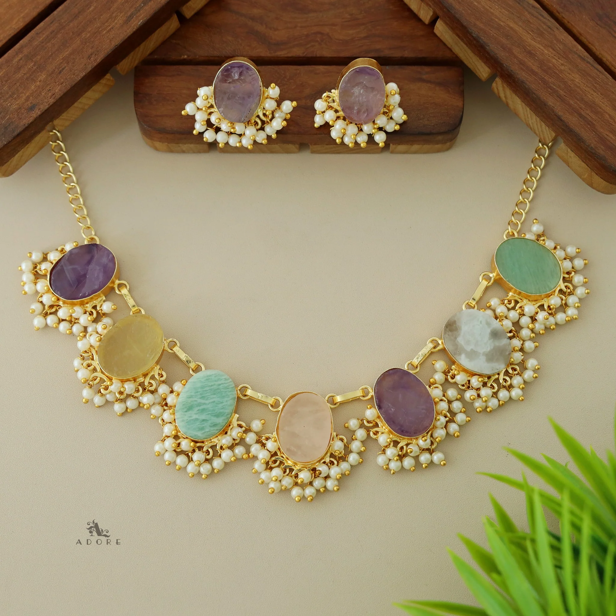 Alessandra Raw Stone Oval Pearl Short Neckpiece With Earring - Image 19
