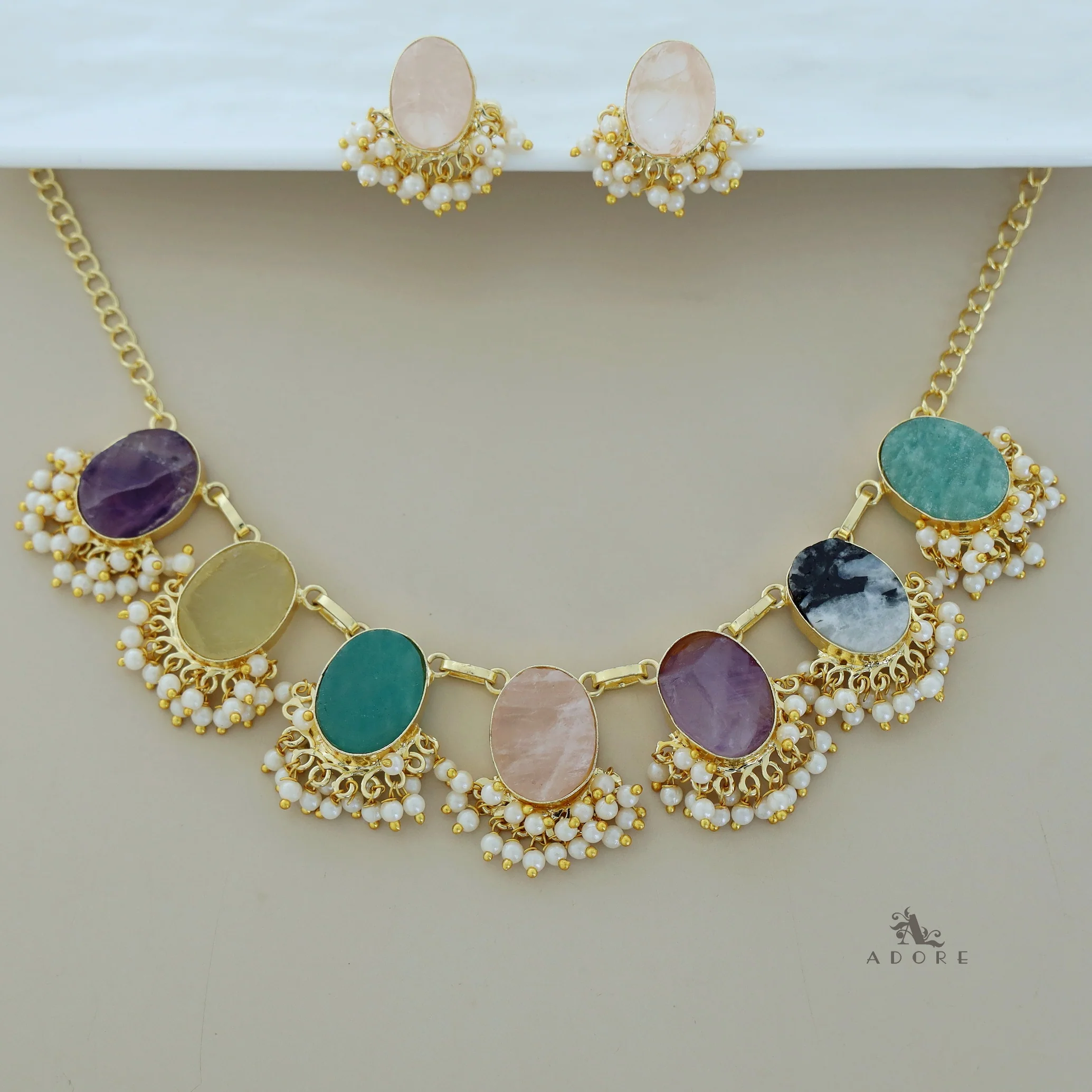Alessandra Raw Stone Oval Pearl Short Neckpiece With Earring - Image 20