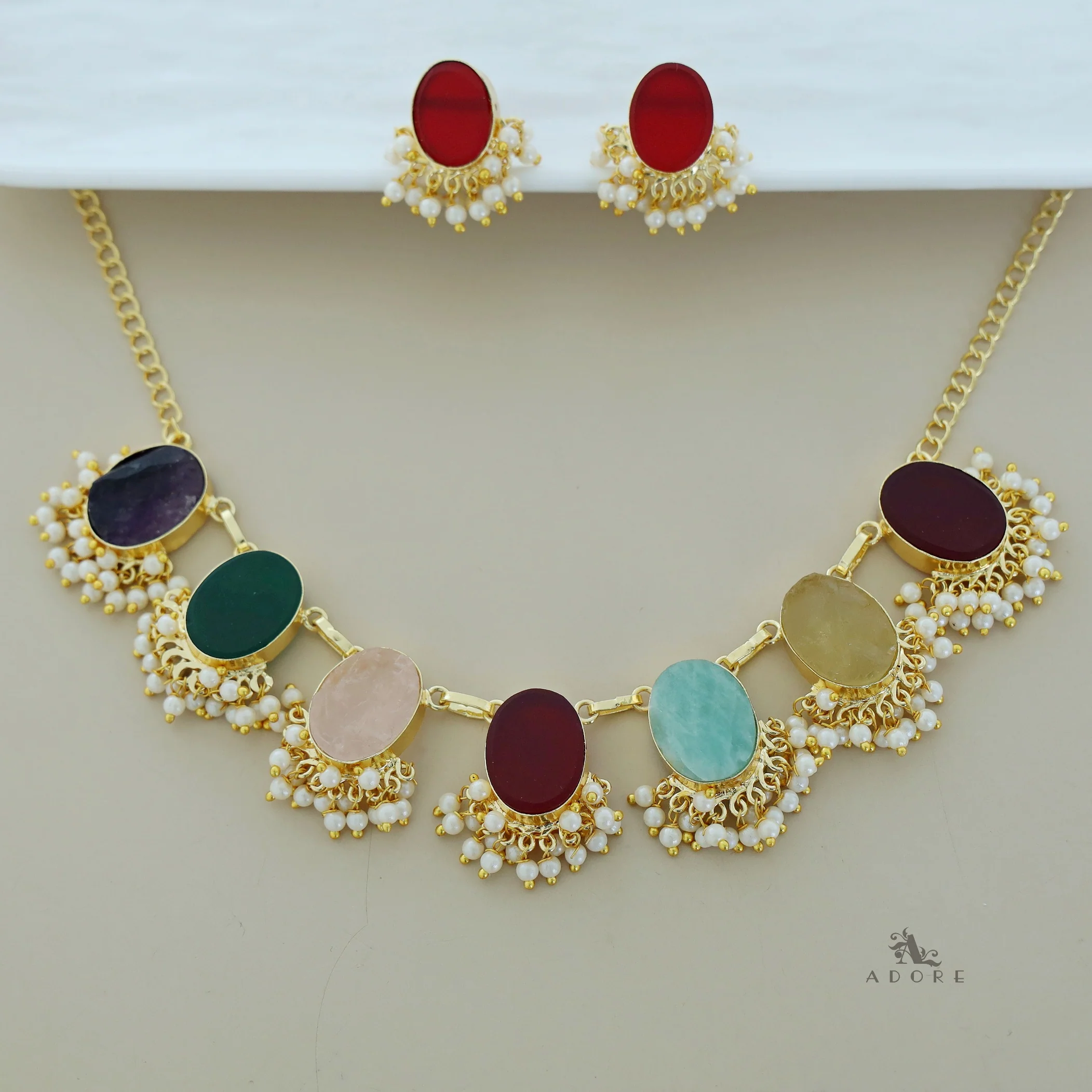 Alessandra Raw Stone Oval Pearl Short Neckpiece With Earring - Image 21