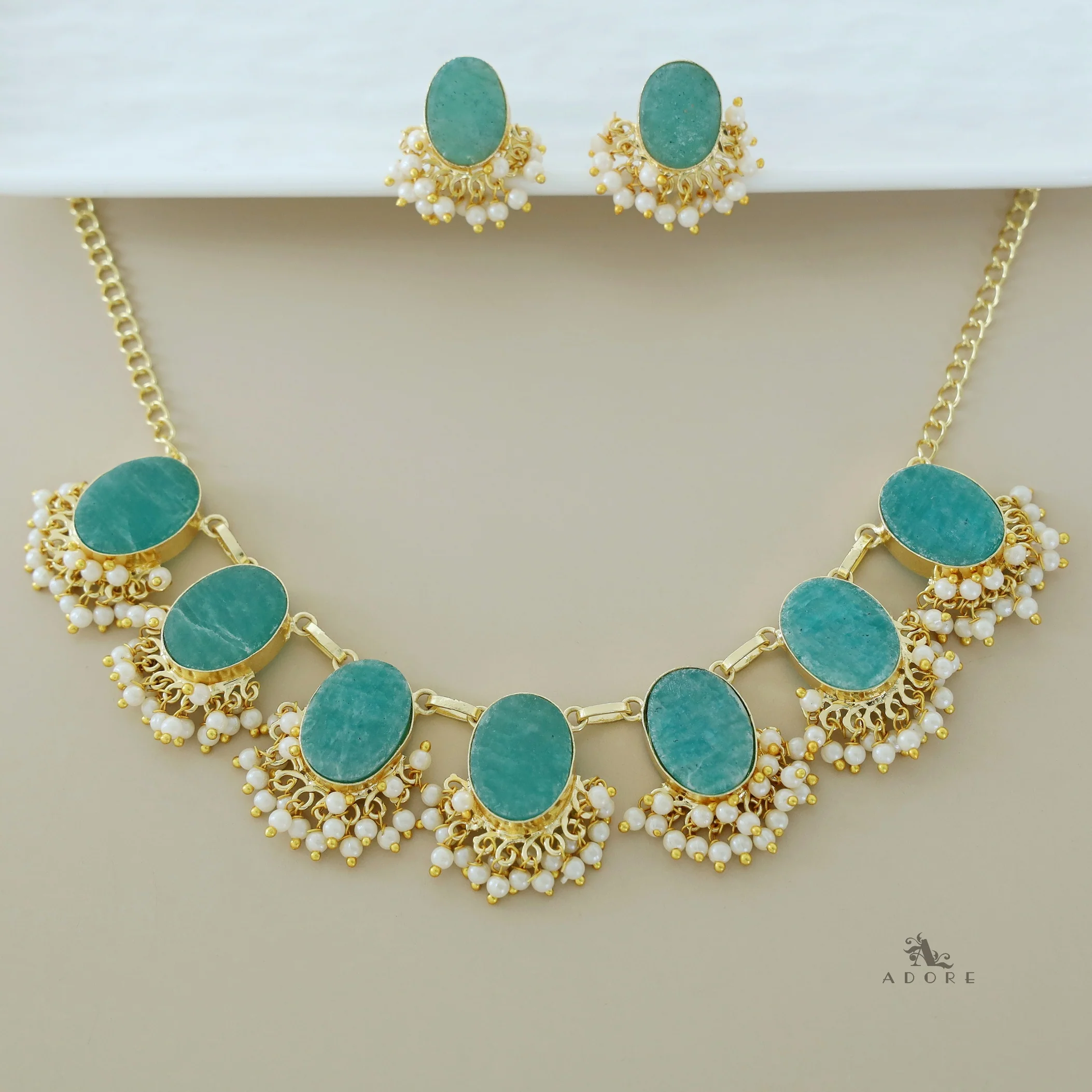 Alessandra Raw Stone Oval Pearl Short Neckpiece With Earring - Image 22