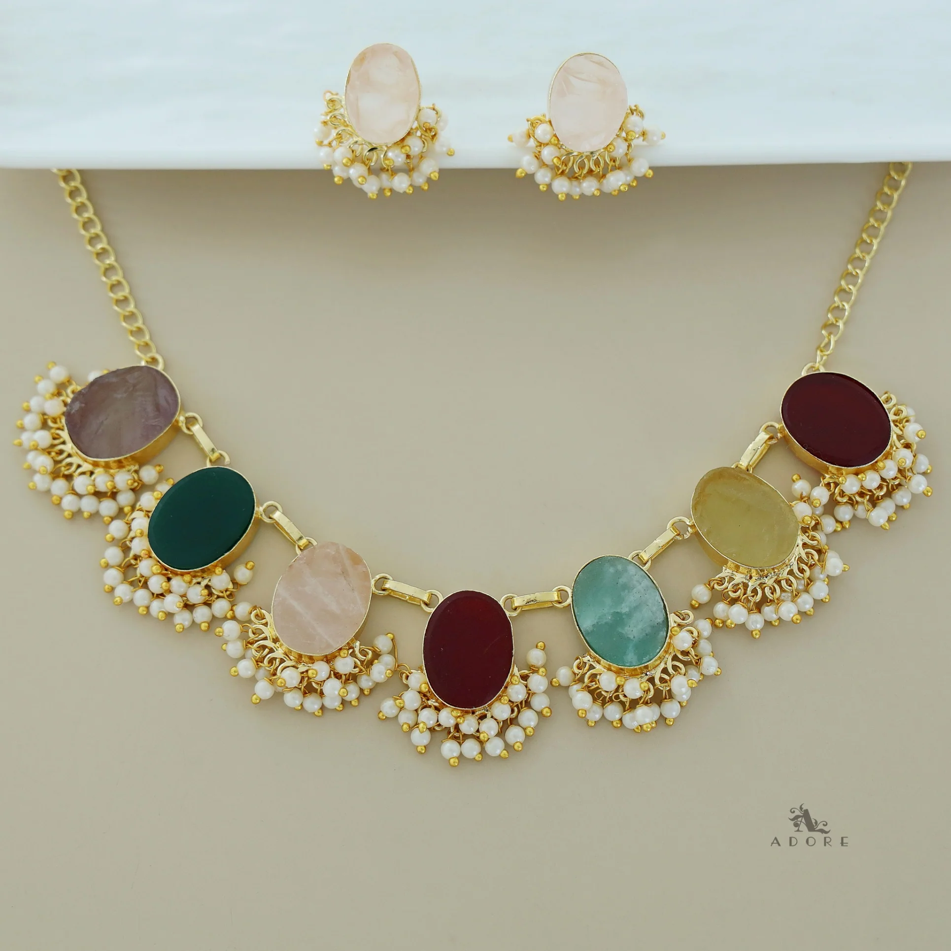 Alessandra Raw Stone Oval Pearl Short Neckpiece With Earring - Image 23