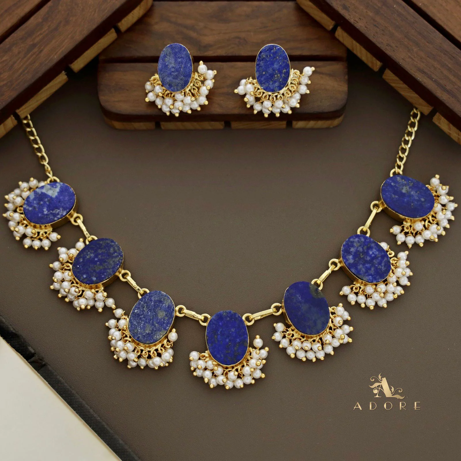 Alessandra Raw Stone Oval Pearl Short Neckpiece With Earring - Image 5