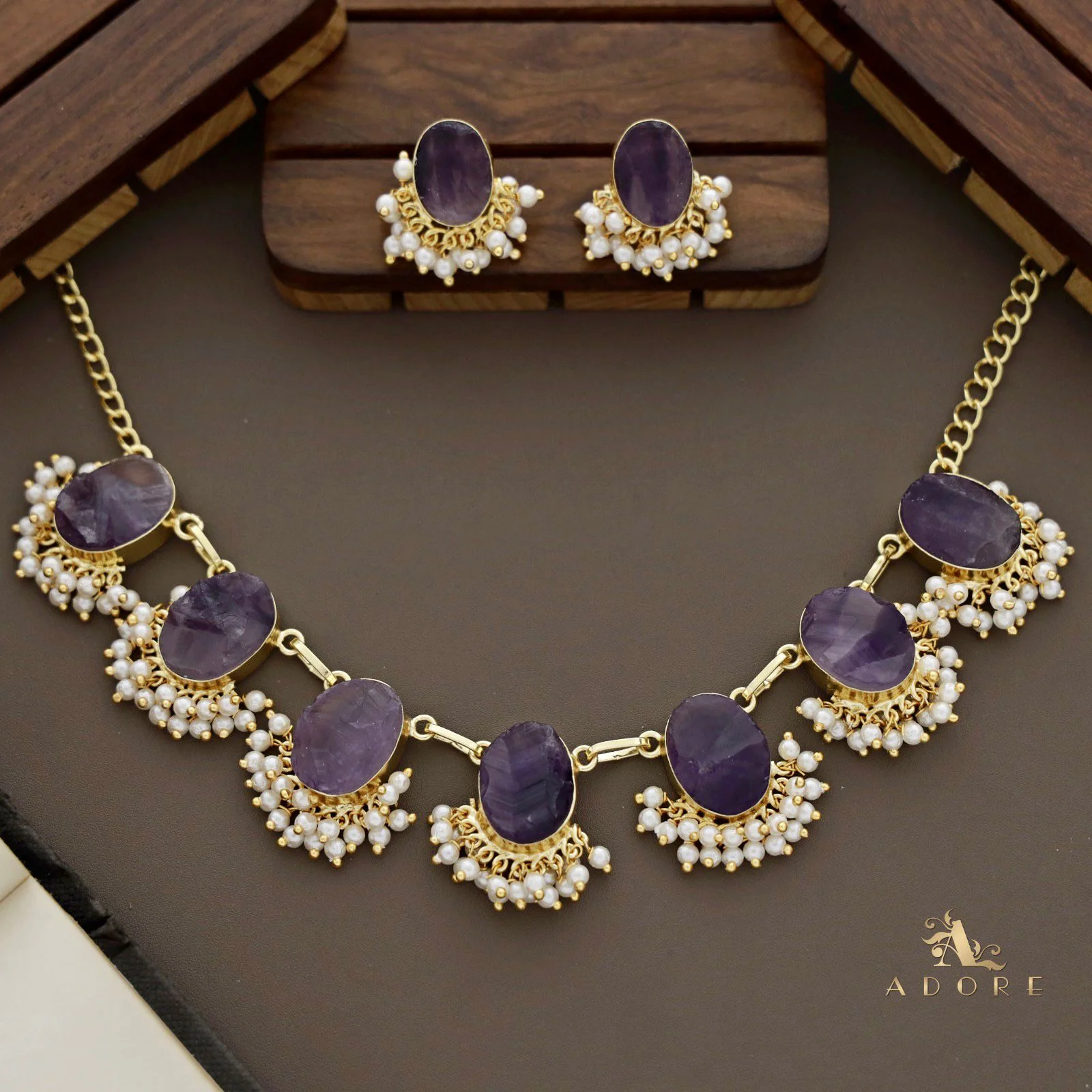 Alessandra Raw Stone Oval Pearl Short Neckpiece With Earring - Image 9