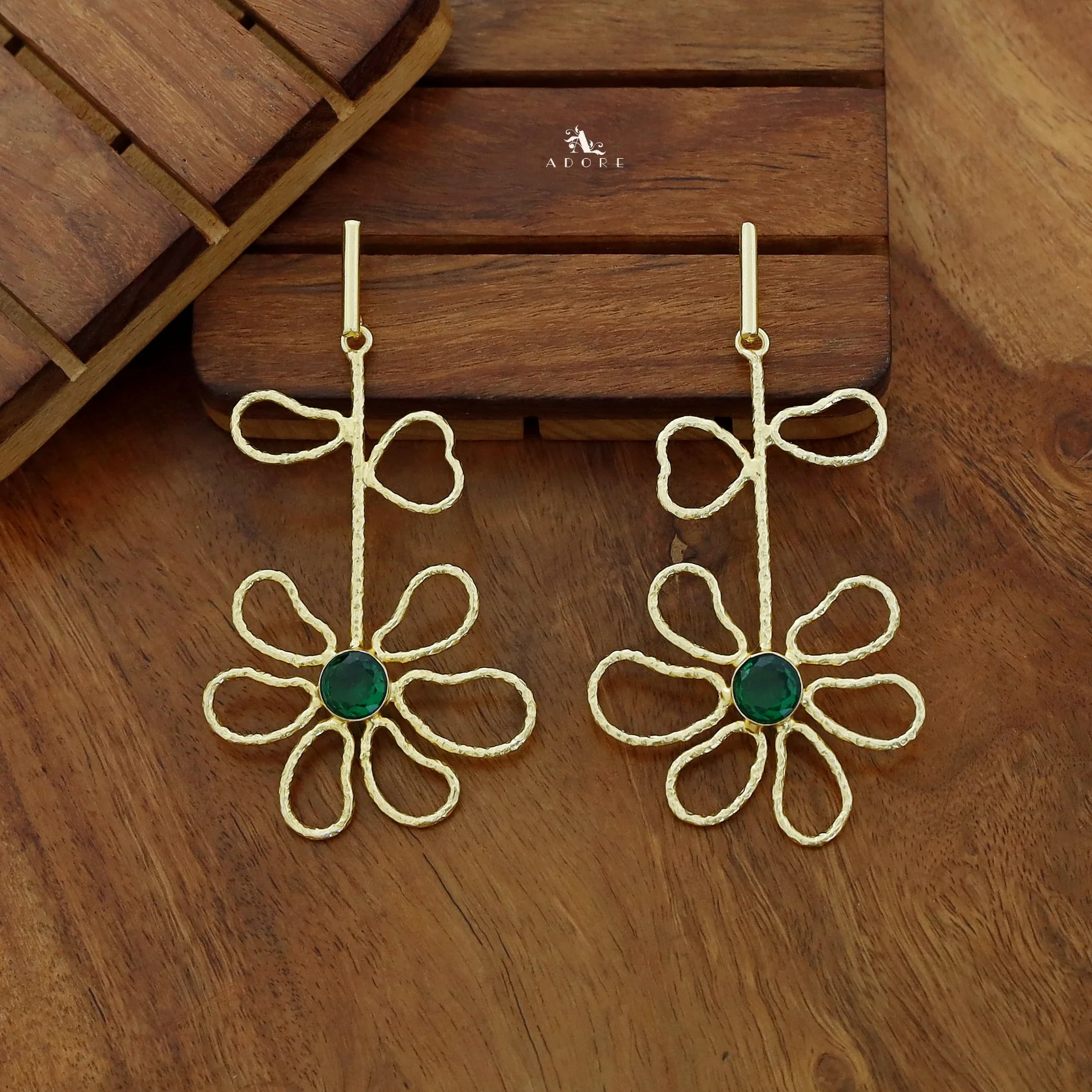 Alma Golden Flower Leaf Glossy Earring - Image 3