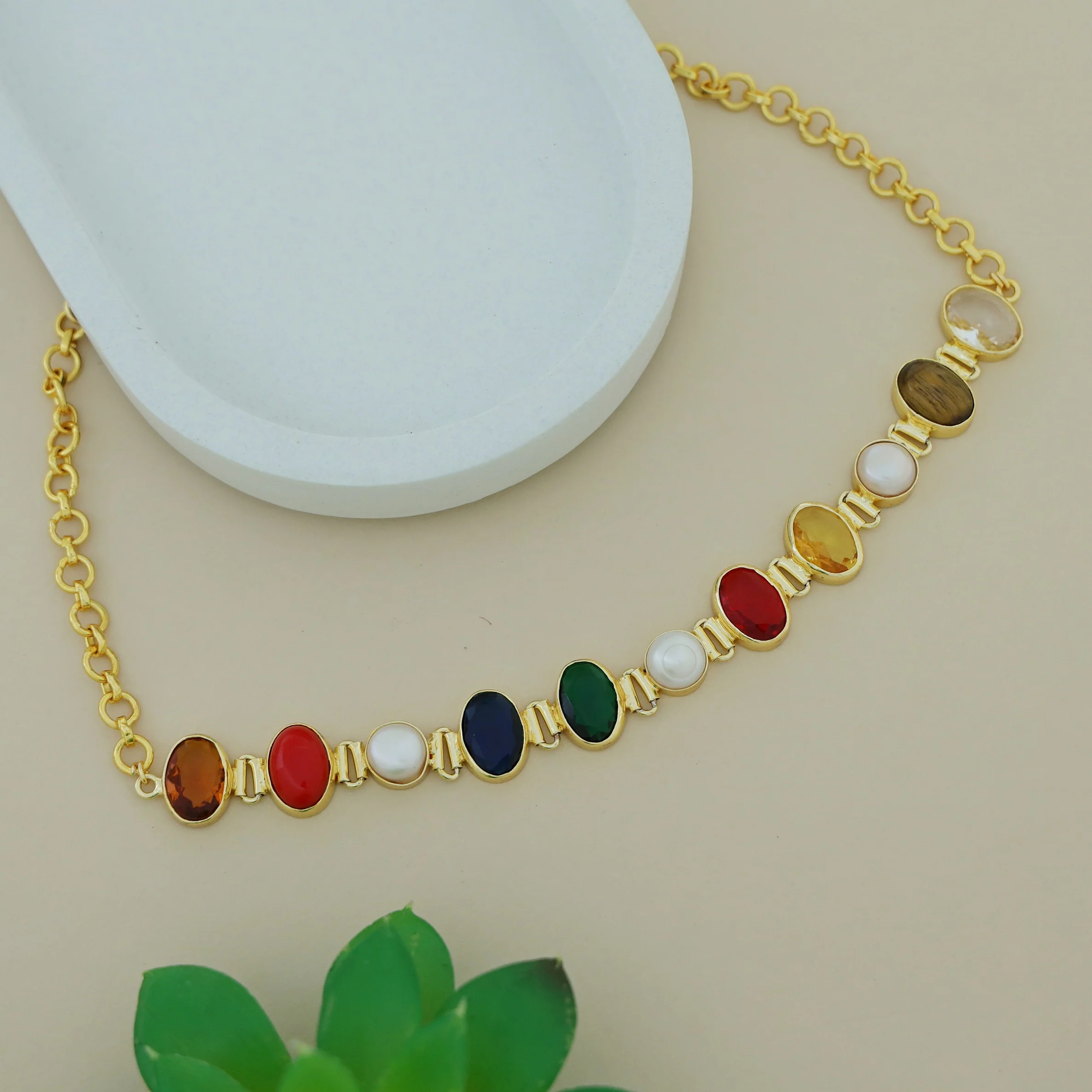 Alnora Multicolour Oval Glossy Stone + Fresh Water Pearl Choker - Image 2