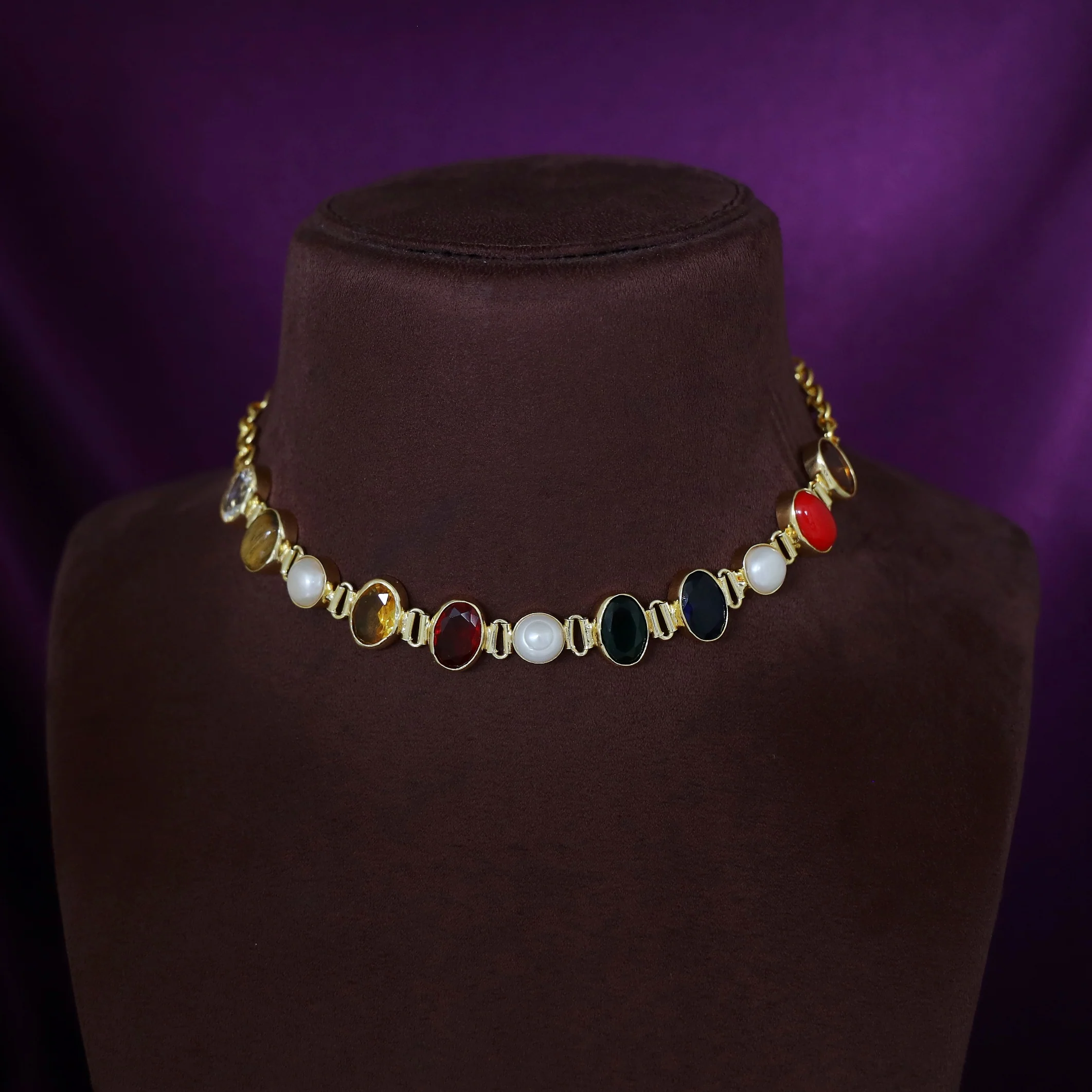 Alnora Multicolour Oval Glossy Stone + Fresh Water Pearl Choker - Image 3