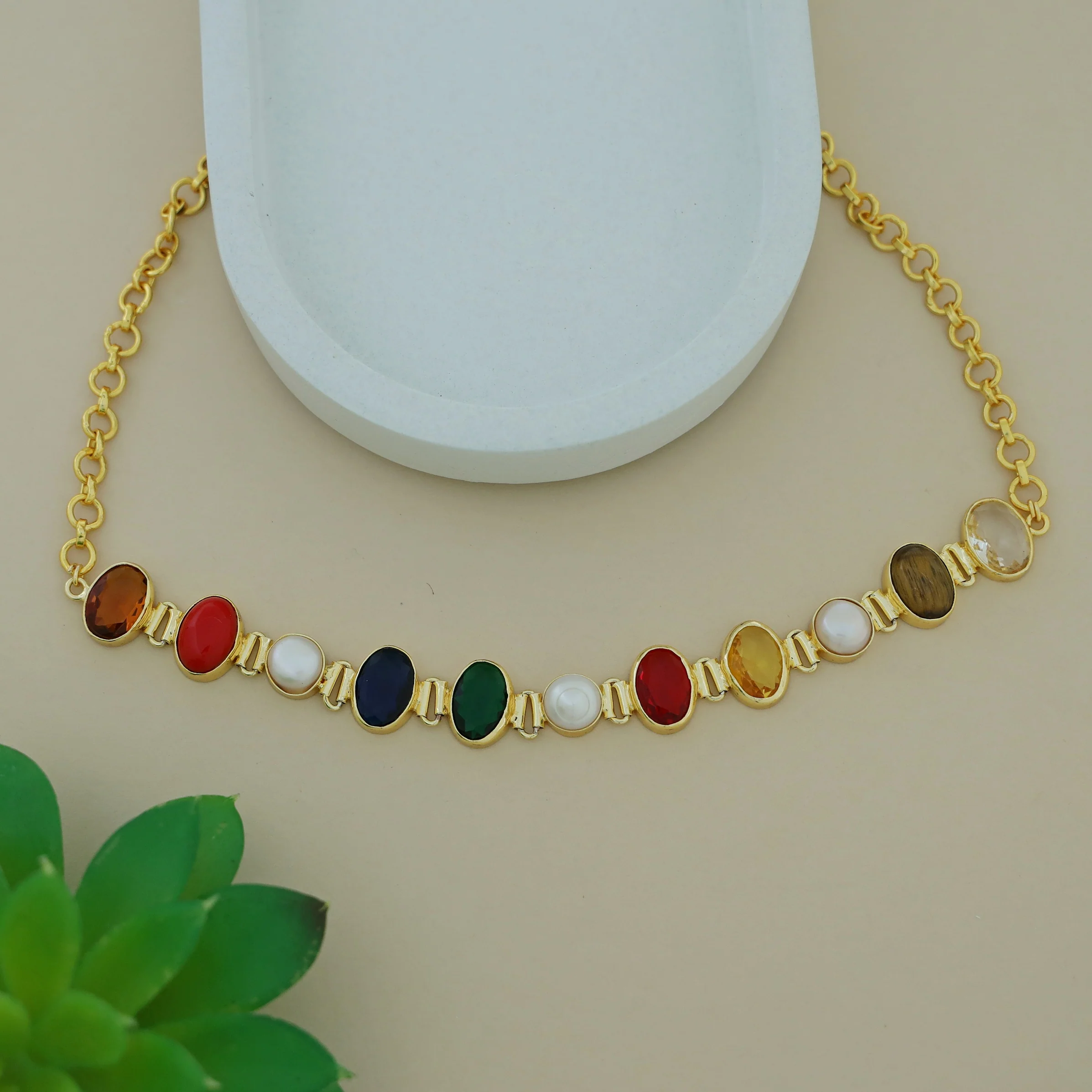 Alnora Multicolour Oval Glossy Stone + Fresh Water Pearl Choker - Image 4