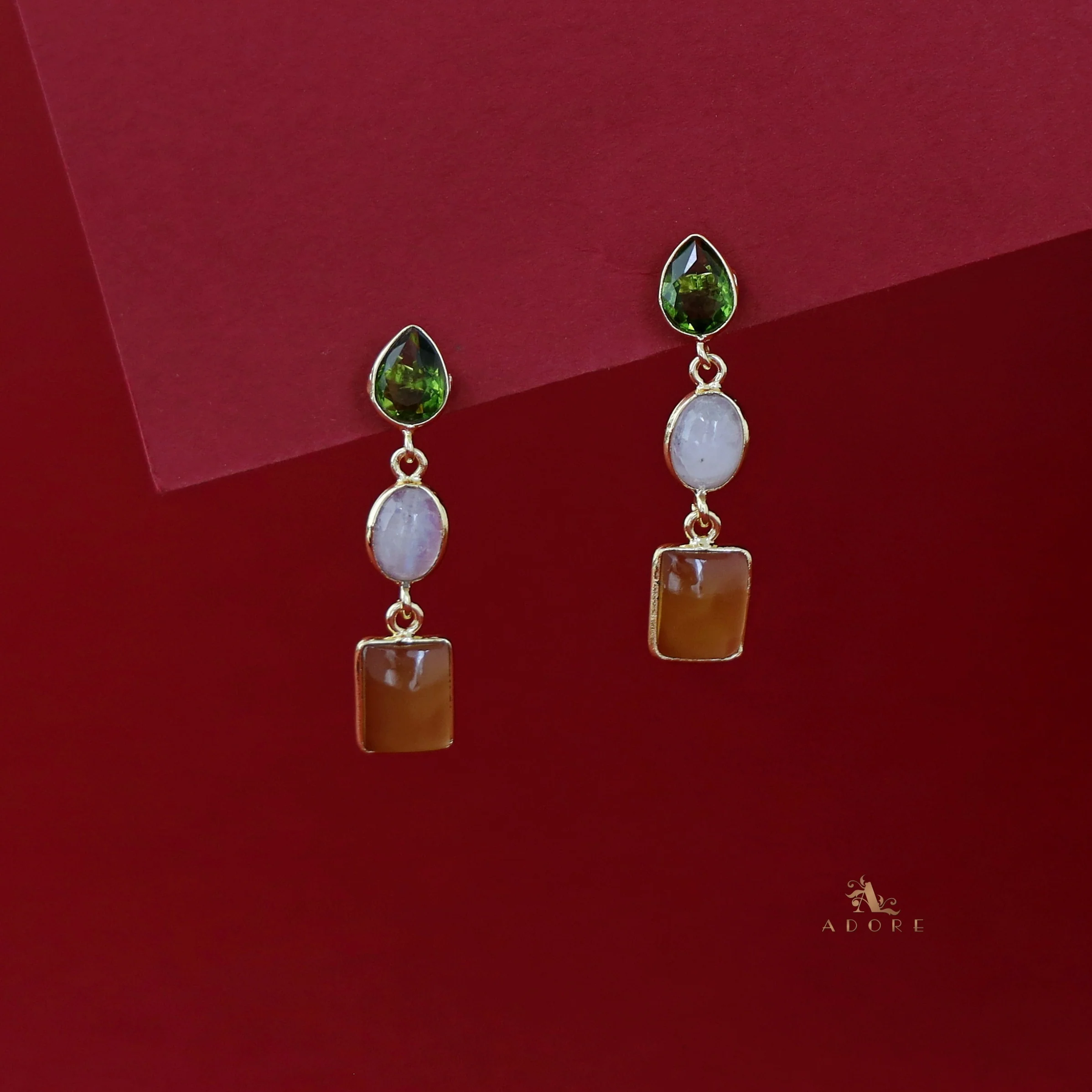 Amaja Golden Tri Glossy Stone Earring - Image 2