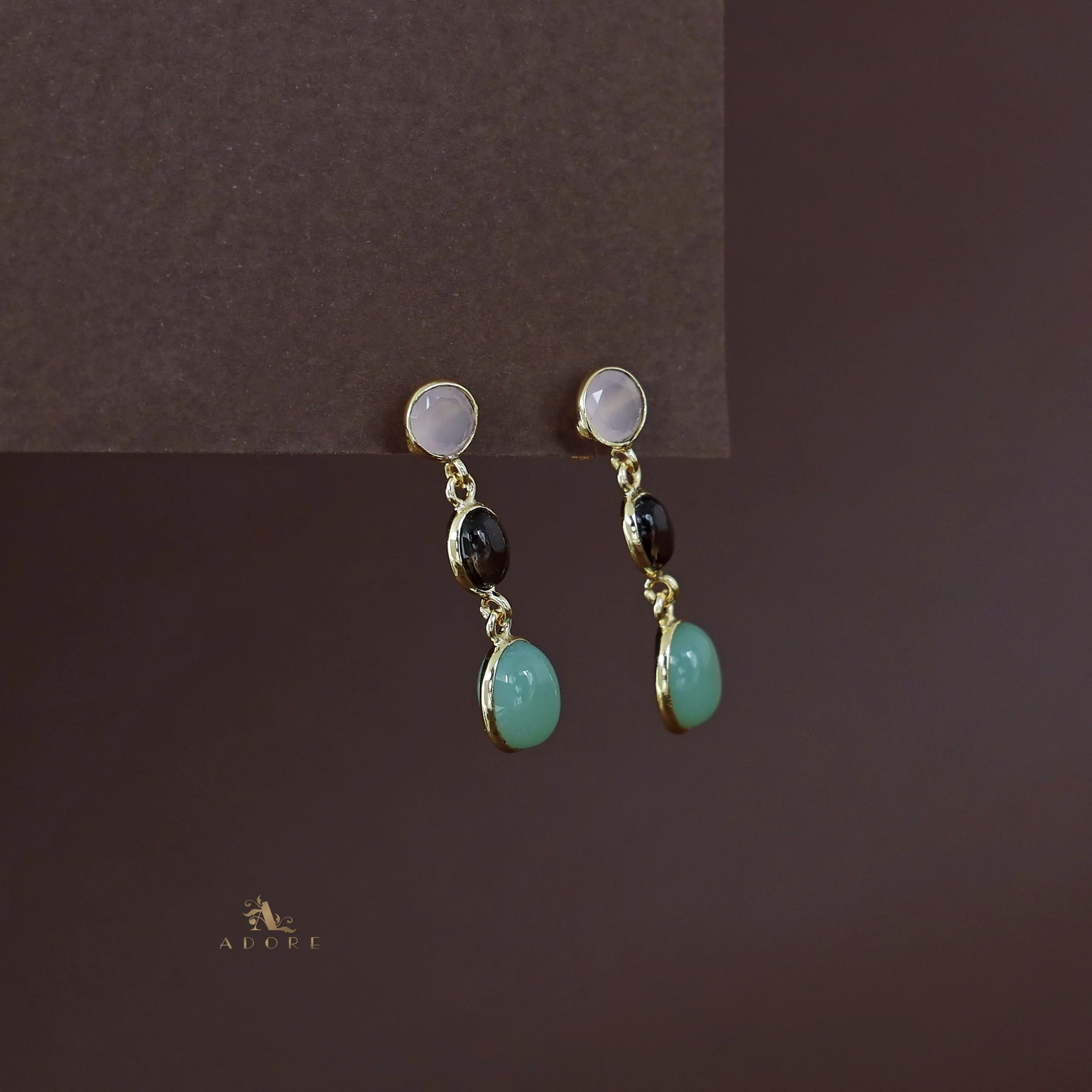 Amaja Golden Tri Glossy Stone Earring - Image 3