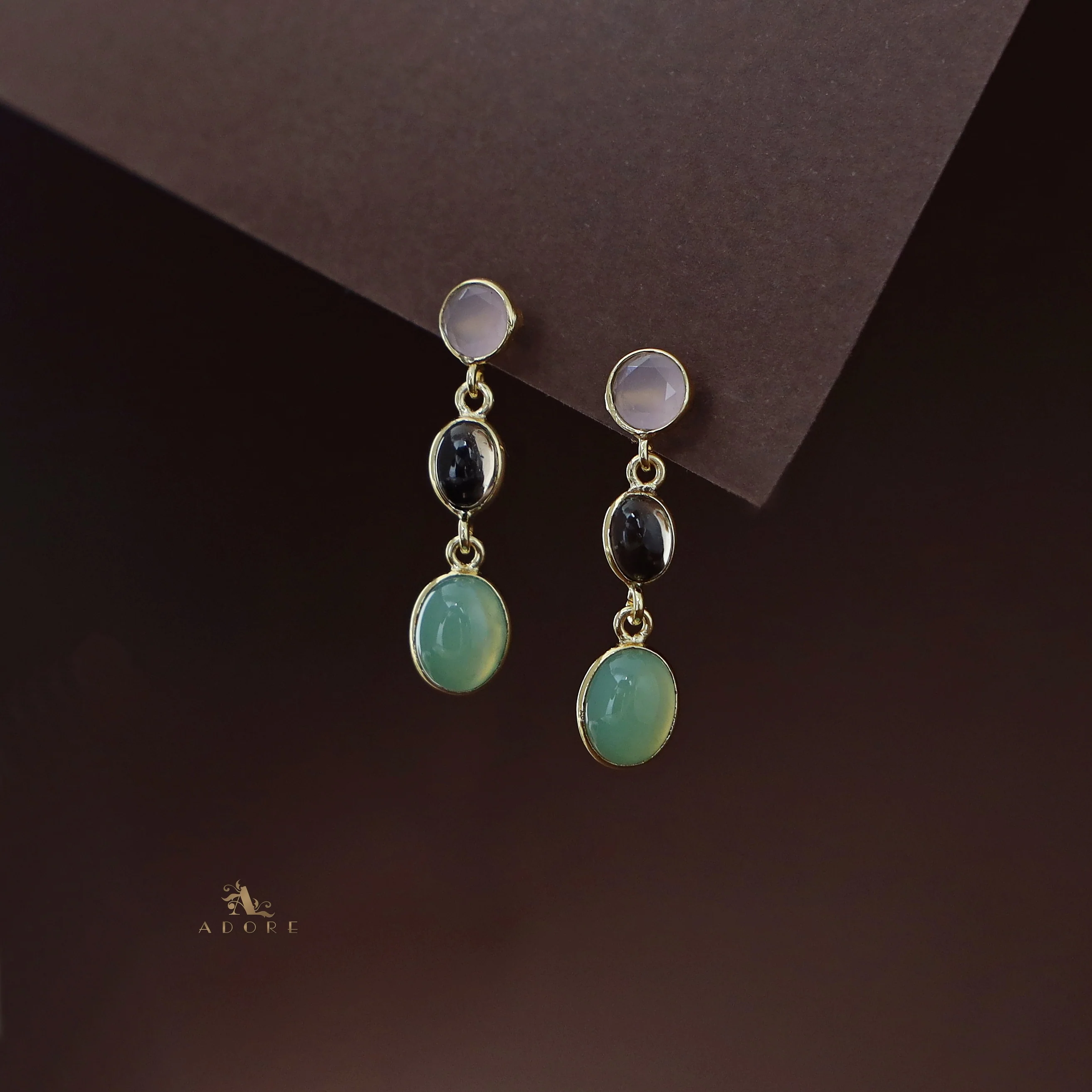 Amaja Golden Tri Glossy Stone Earring - Image 4
