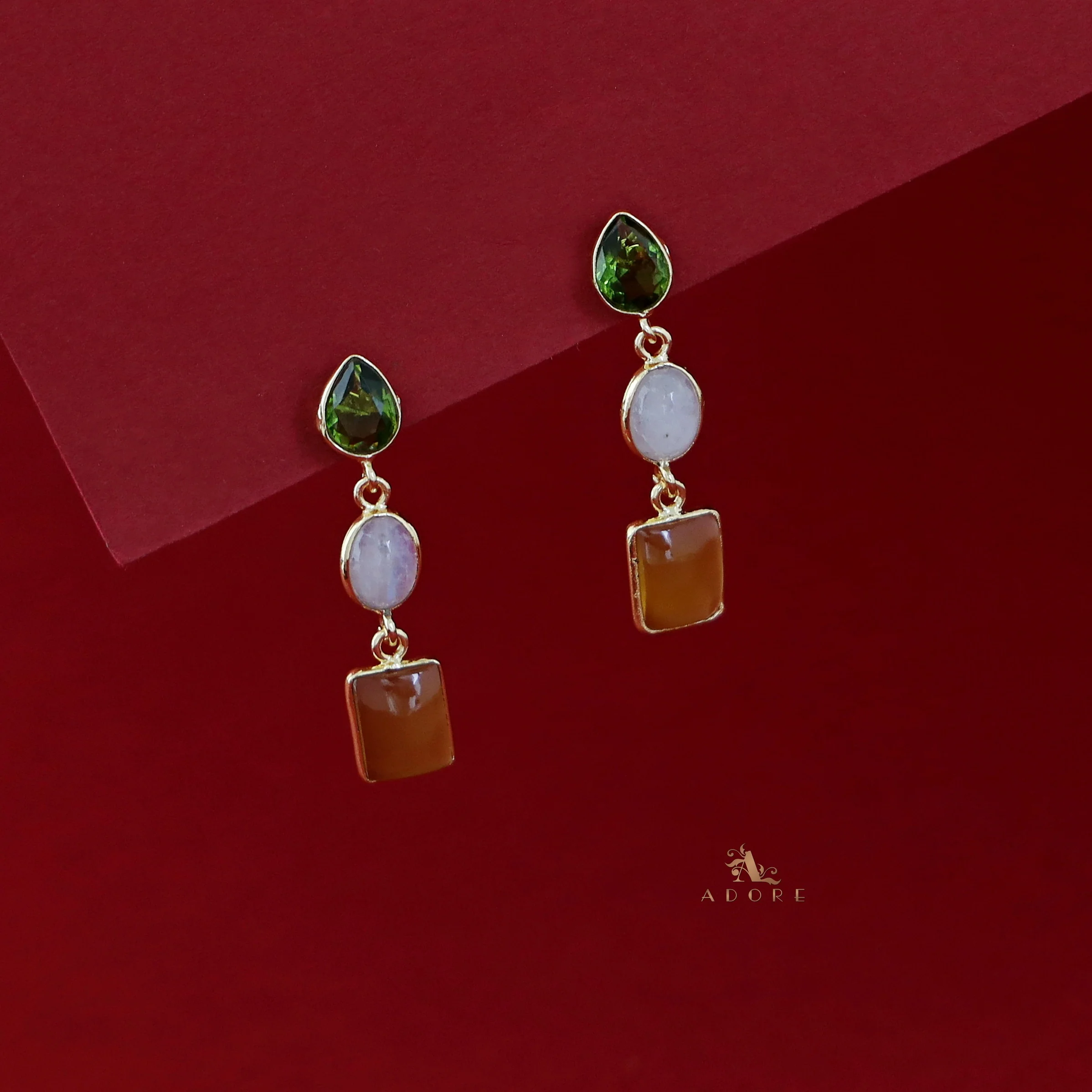 Amaja Golden Tri Glossy Stone Earring - Image 7